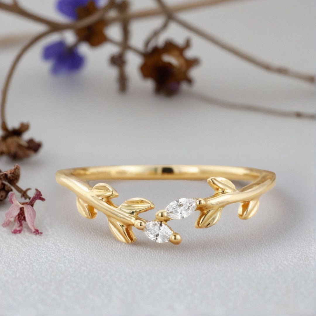 Unique Marquise Moissanite Wedding Band Leaf Moissanite Engagement Ring - Oore Jewelry
