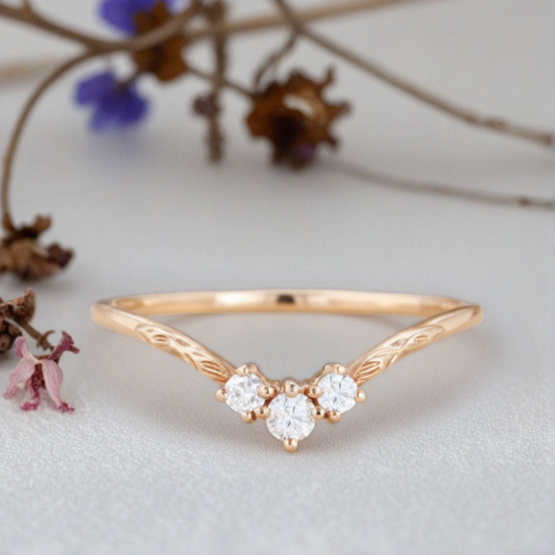 Unique Round Moissanite Wedding Band Art-deco Moissanite Engagement Ring - Oore Jewelry