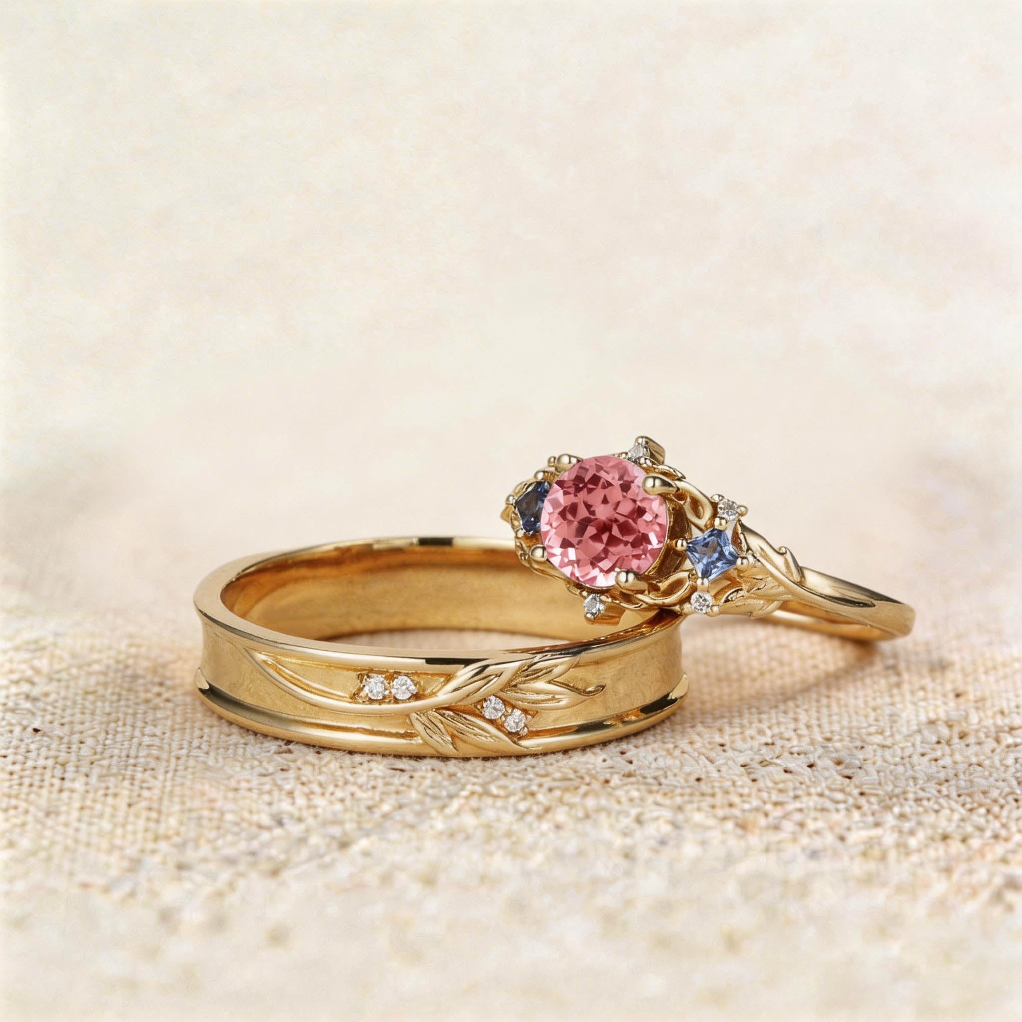 Unique Round Lab Padparadscha Promise Ring Engagement Ring Set for Couples - Oore Jewelry