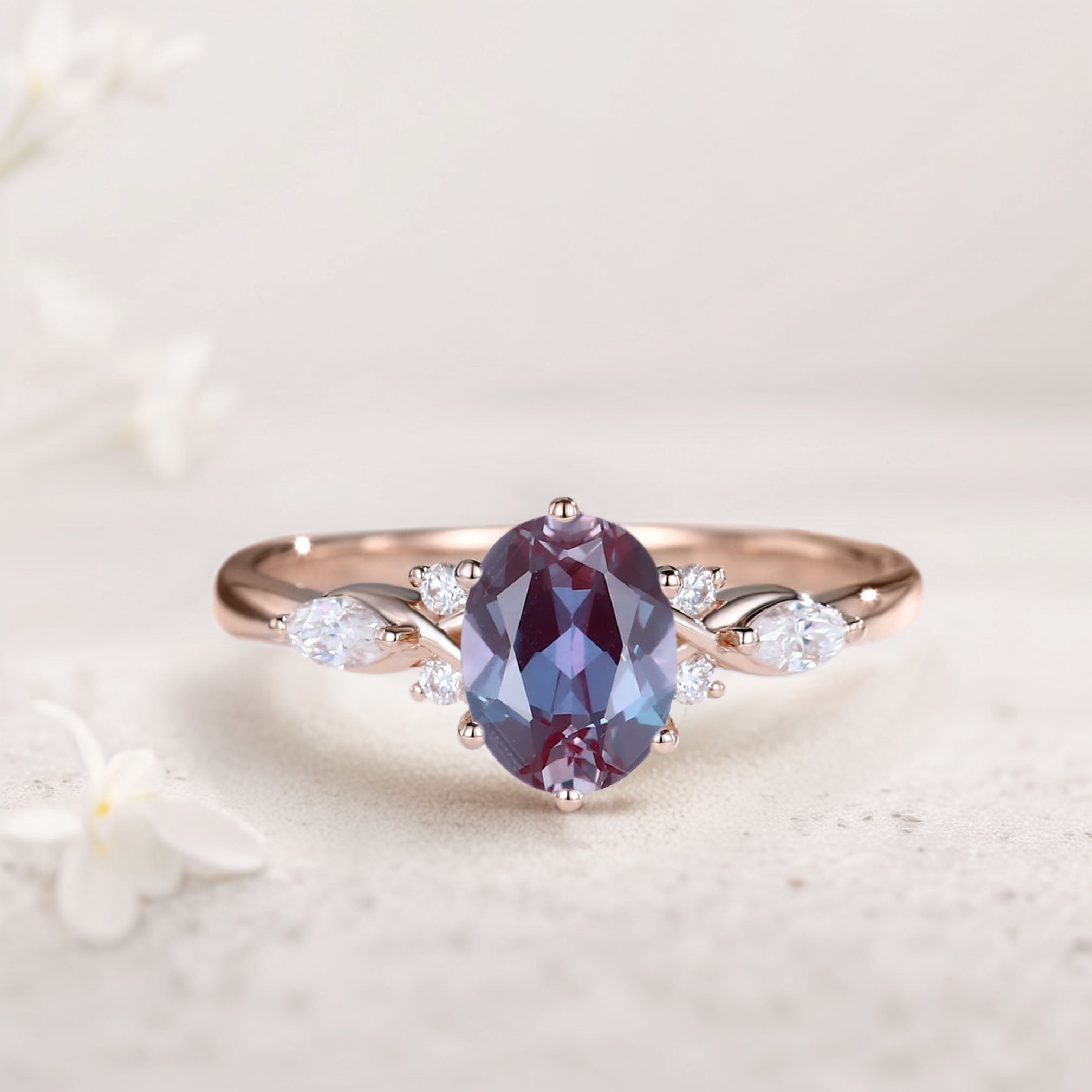 Vintage Oval Lab Alexandrite and Moissanite 18K Rose Gold Engagement Ring