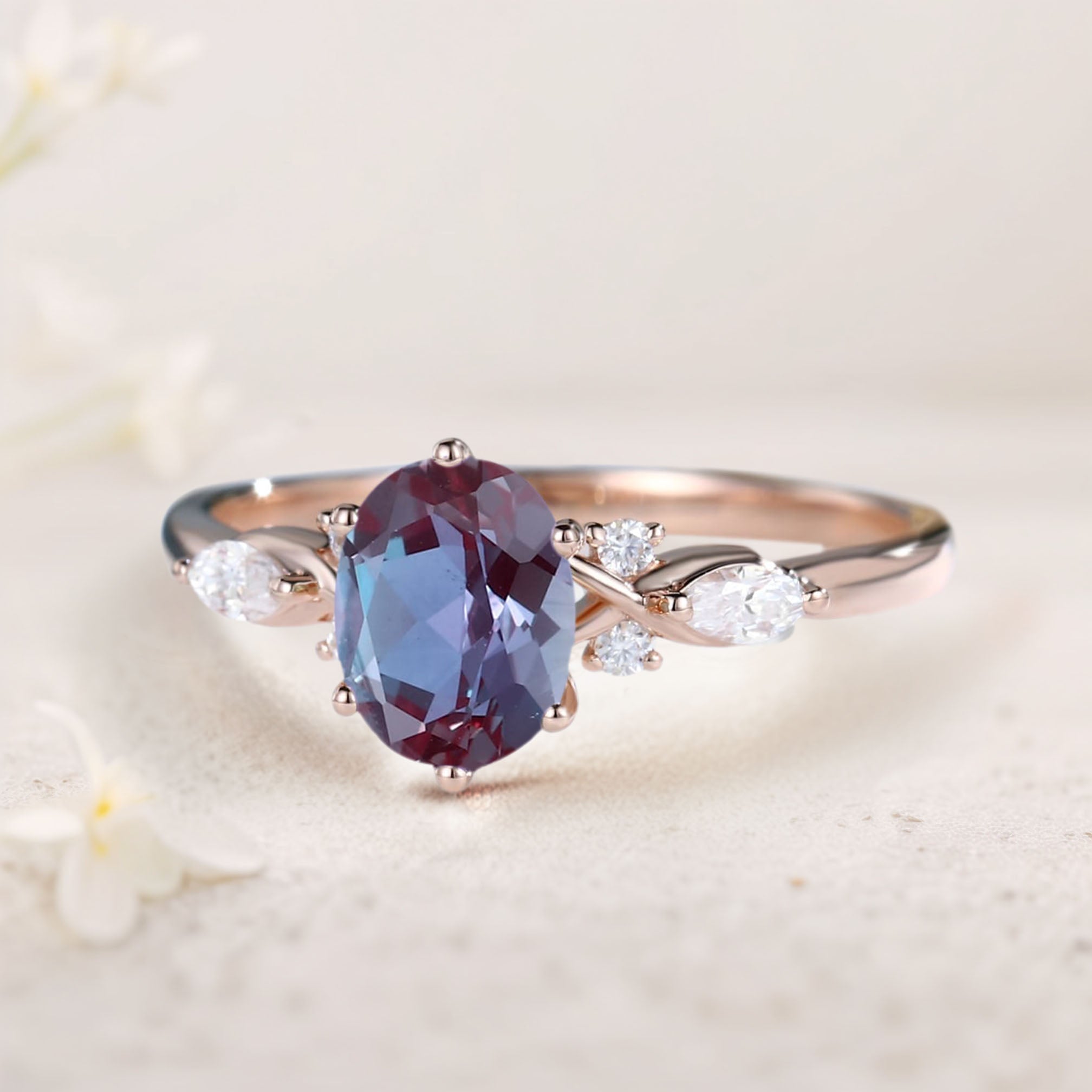 Vintage Oval Lab Alexandrite and Moissanite 18K Rose Gold Engagement Ring