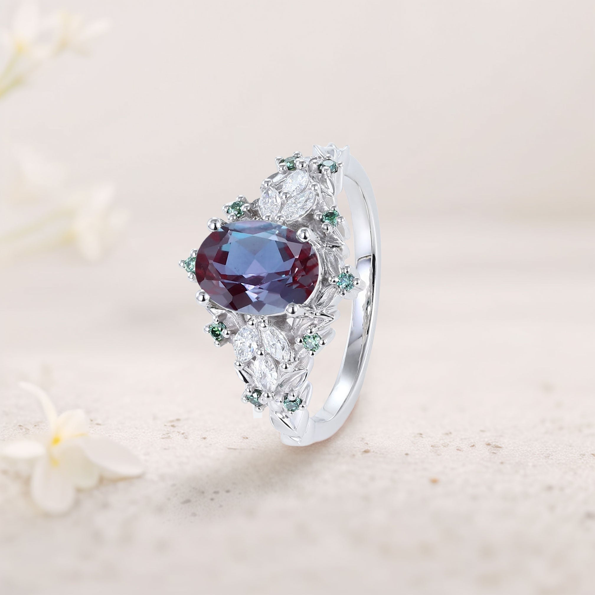 Unique Starlight Oval Lab Alexandrite 18K White Gold Engagement Ring
