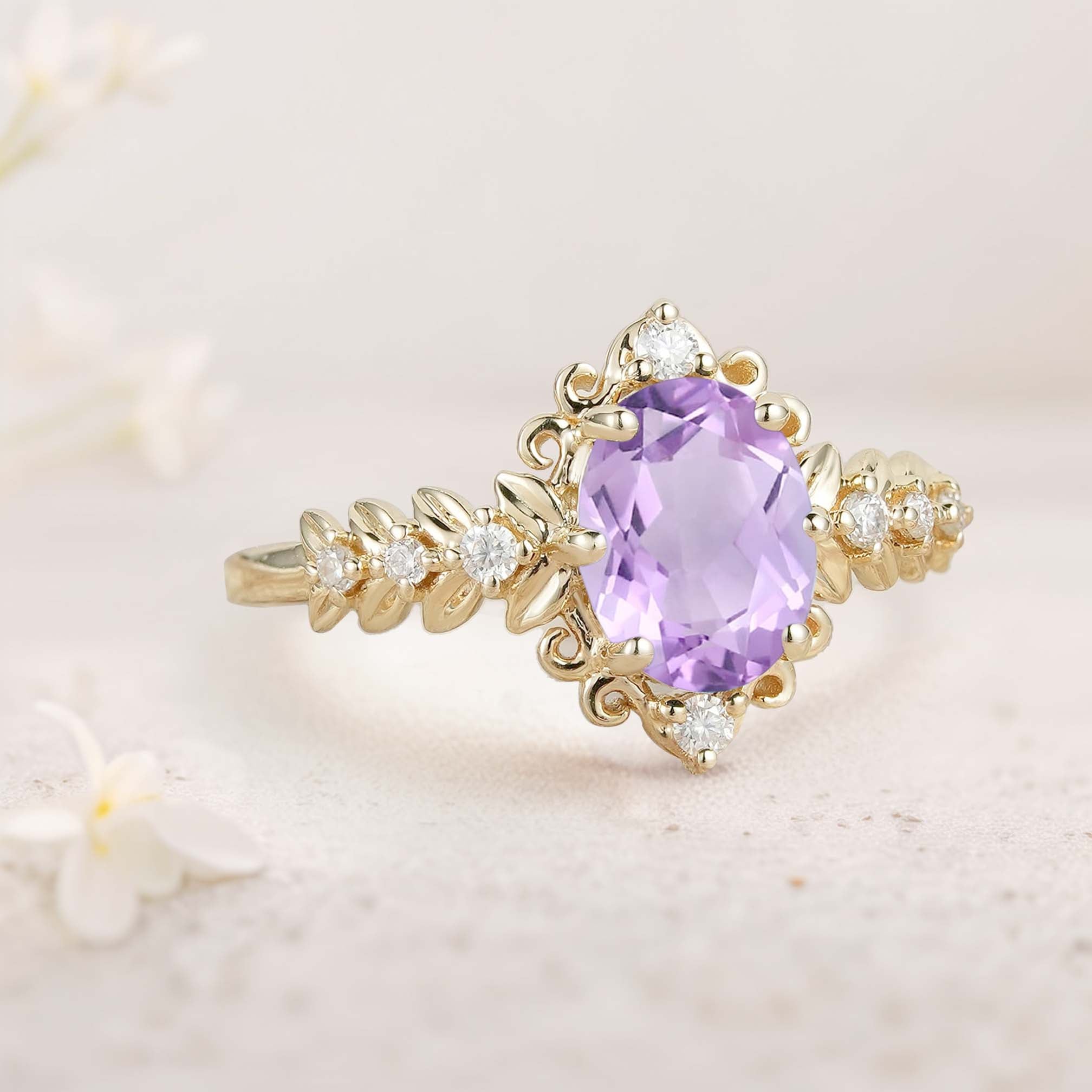 Unique floral engagement rings Elegant Royal Oval Amethyst Filigree Leaf 18K Yellow Gold Engagement Ring