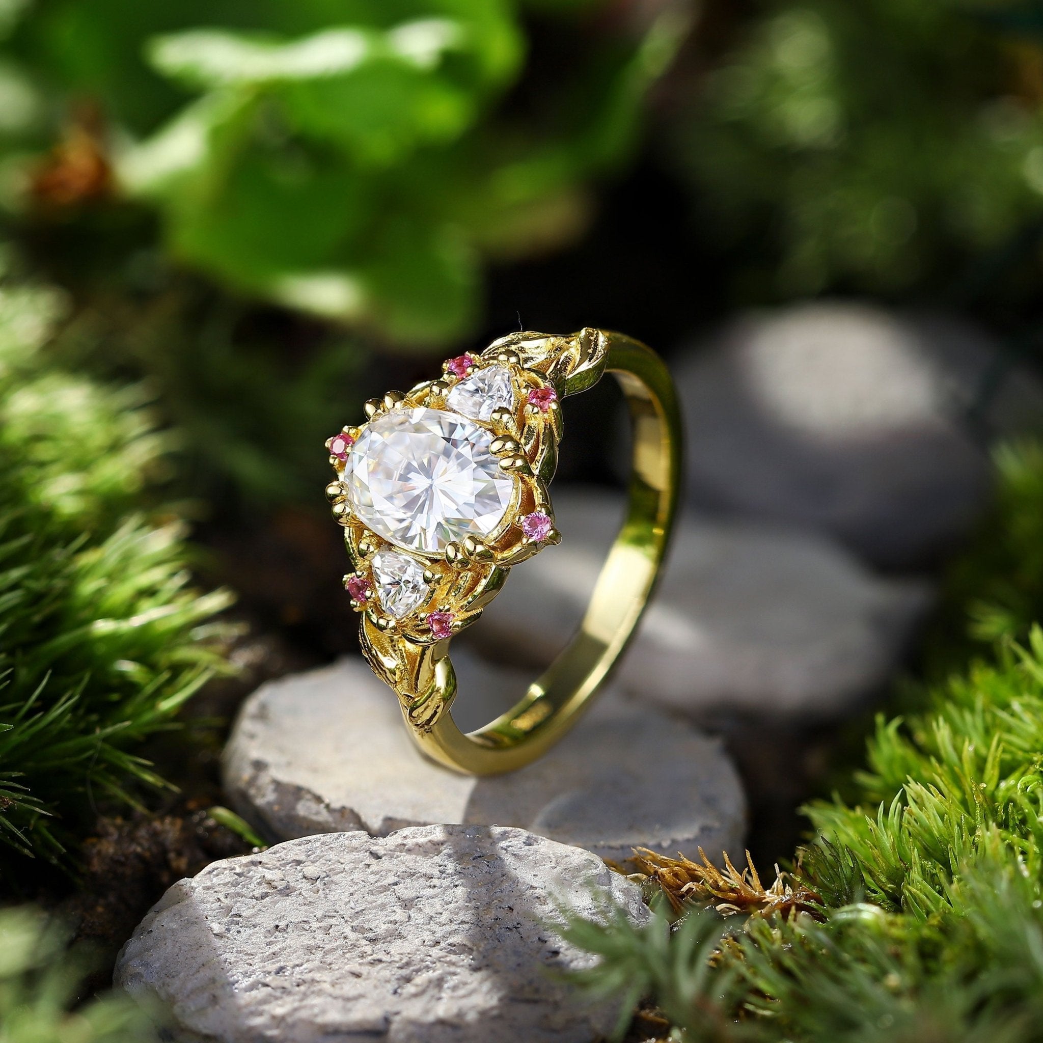 Unique Three Stone Oval Moissanite with Amethyst 18K Yellow Gold Engagement Ring For Women