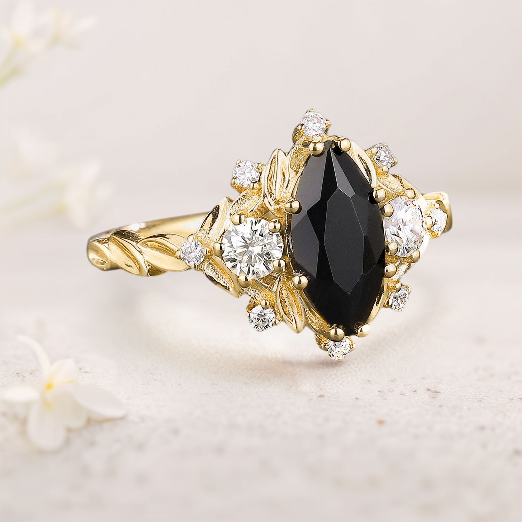 Unique floral engagement rings Marquise Black Onyx Ring Brilliant Moissanite Cluster Leaf 18K Yellow Gold Wedding Ring