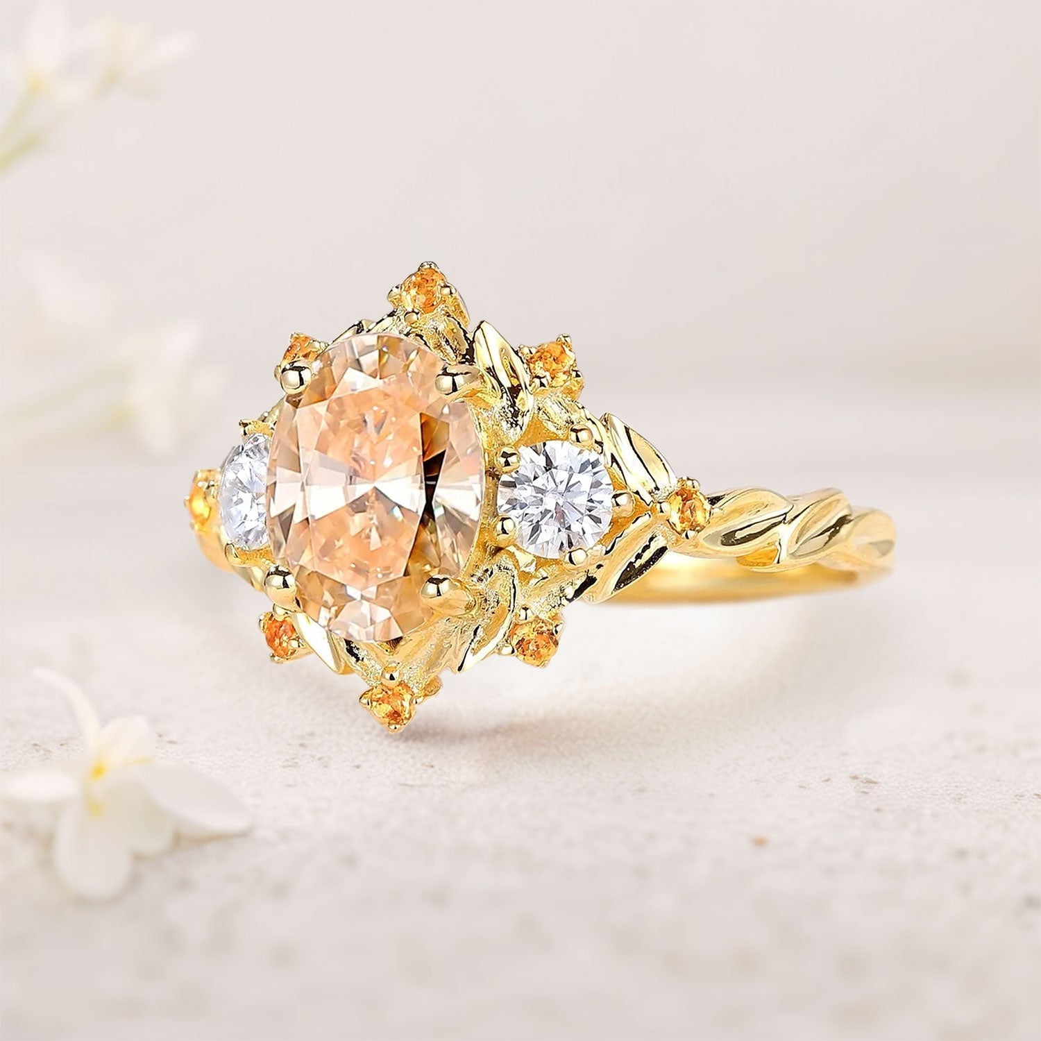 Unique Three Stone Citrine Leaf Bridal Ring 18K Yellow Gold Wedding Ring