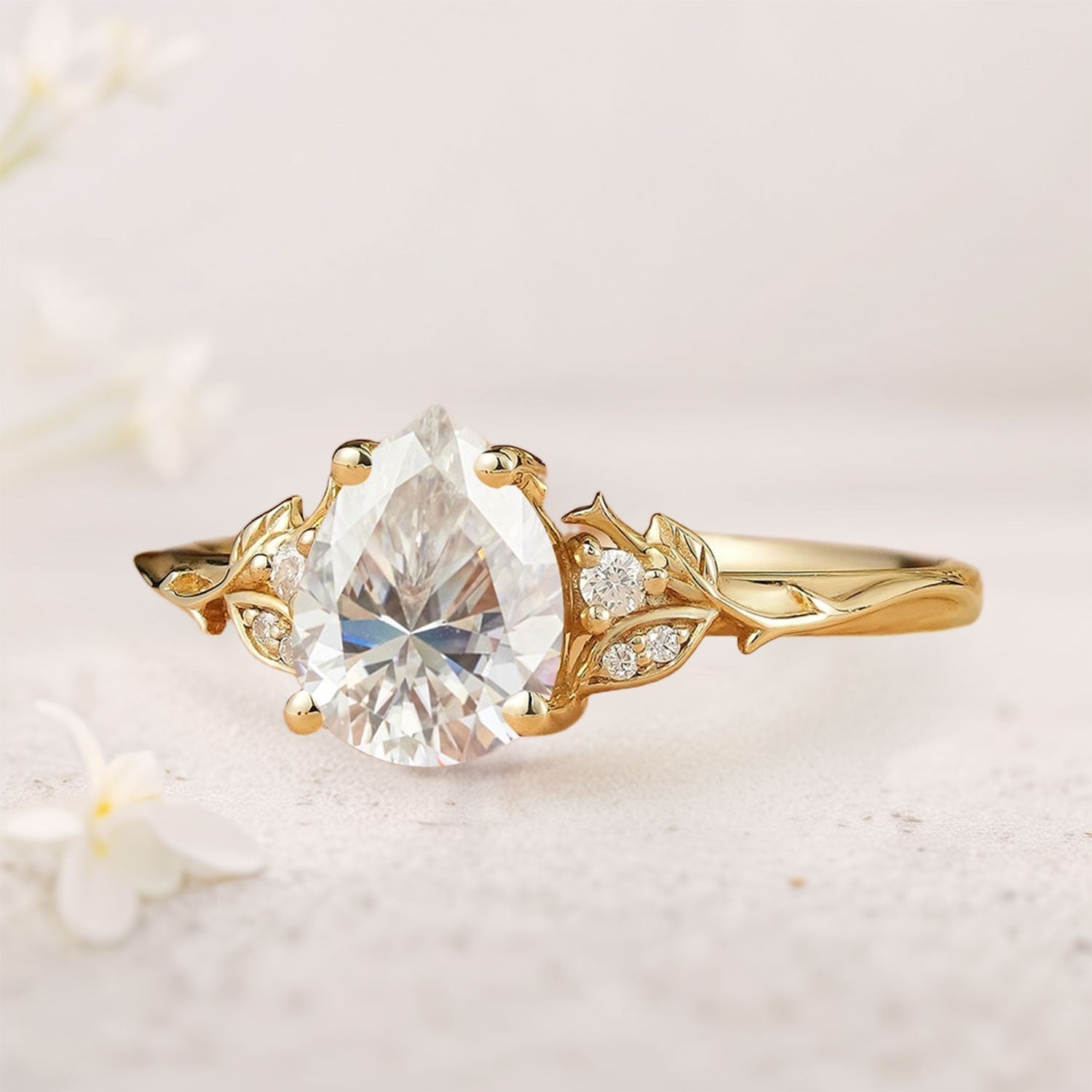 Unique Pear Moissanite Leaf And Vine Inspired 18K Yellow Gold Engagement Ring