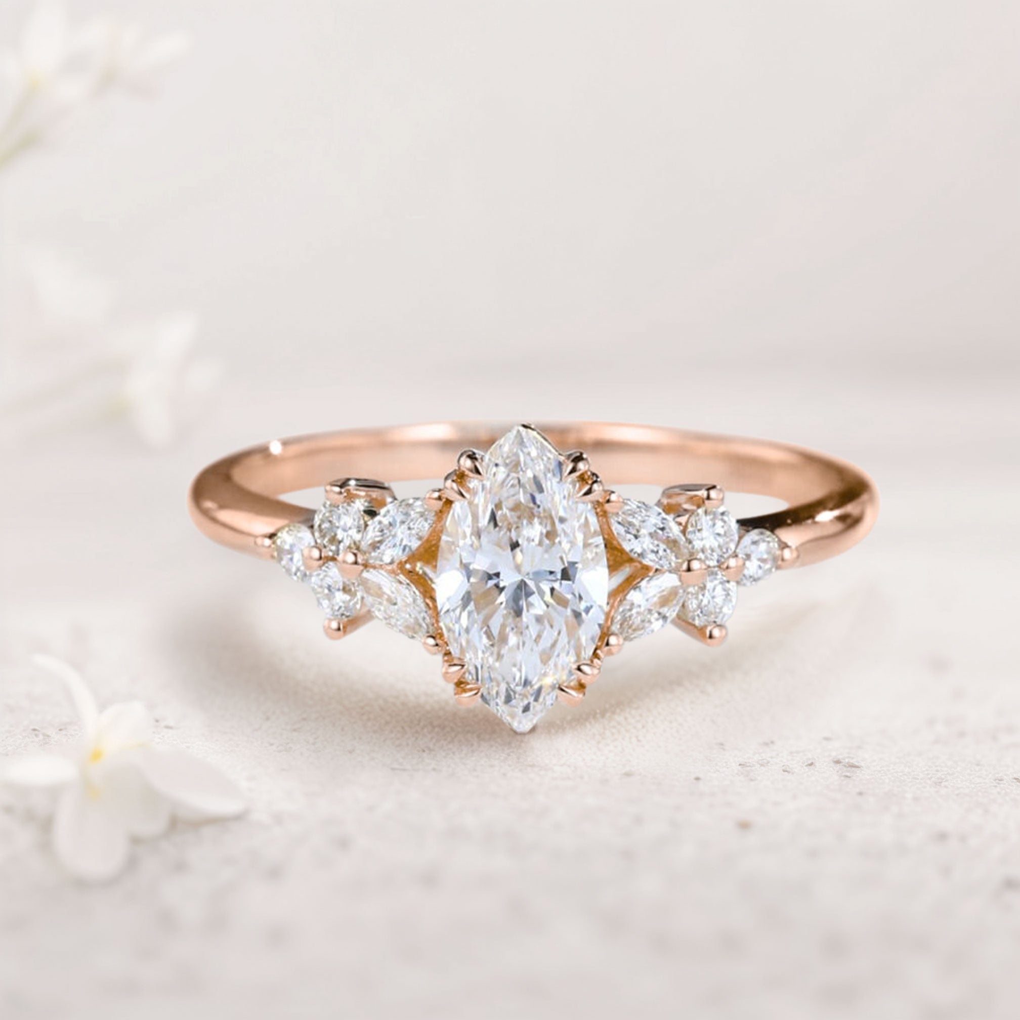 Unique Marquise Moissanite Rings Petal Side Stones 18K Rose Gold Engagement Ring