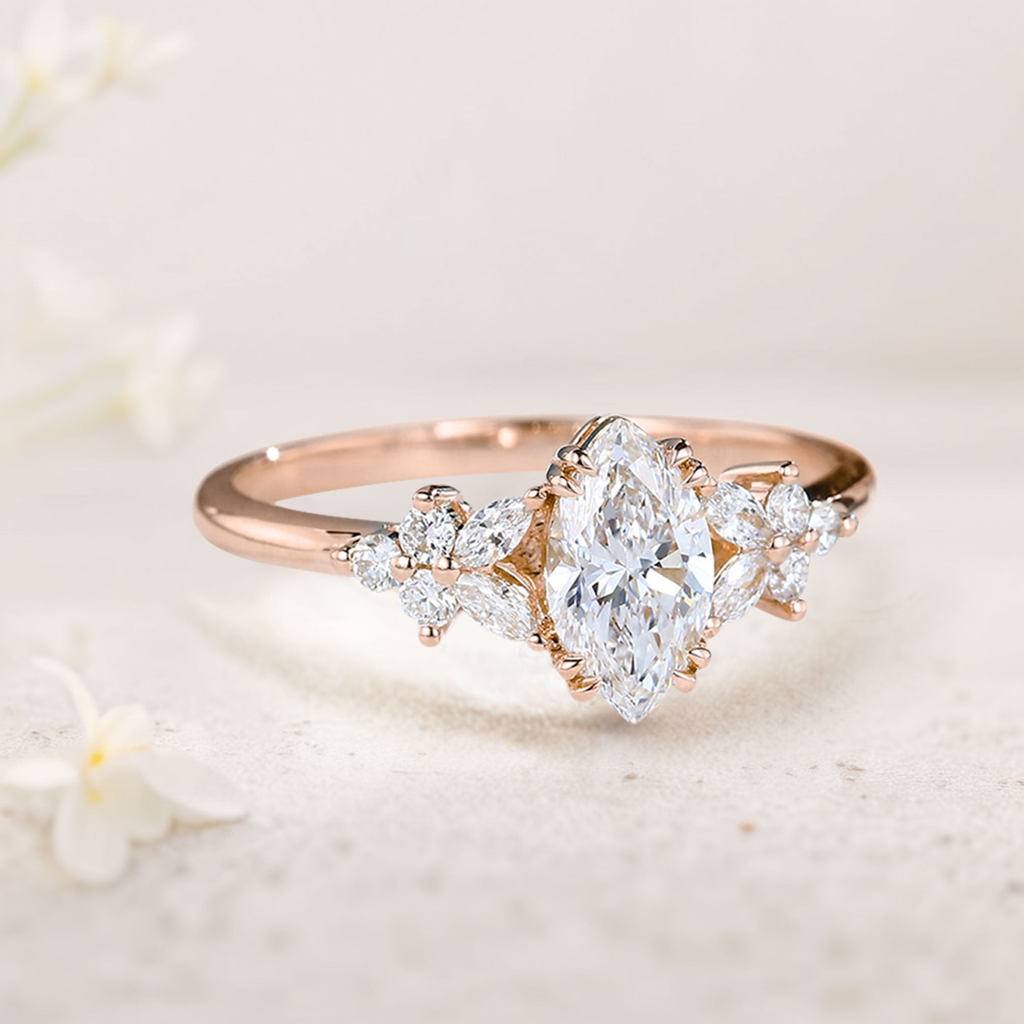 Unique Marquise Moissanite Rings Petal Side Stones 18K Rose Gold Engagement Ring