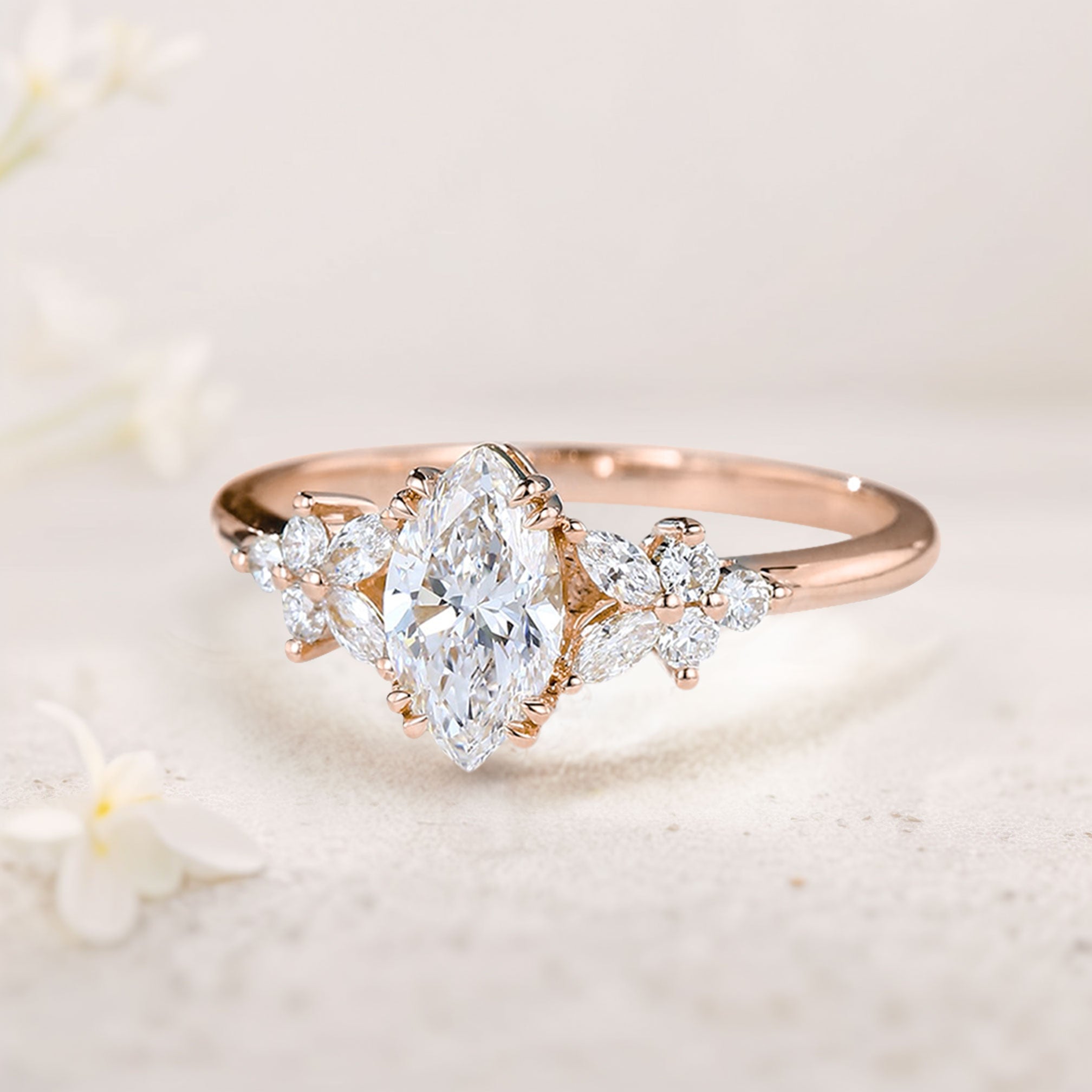 Unique Marquise Moissanite Rings Petal Side Stones 18K Rose Gold Engagement Ring