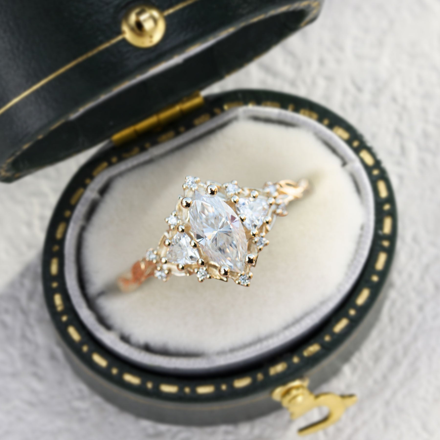 Unique Briar Rose Three Stone Marquise Moissanite 18K Yellow Gold Ring