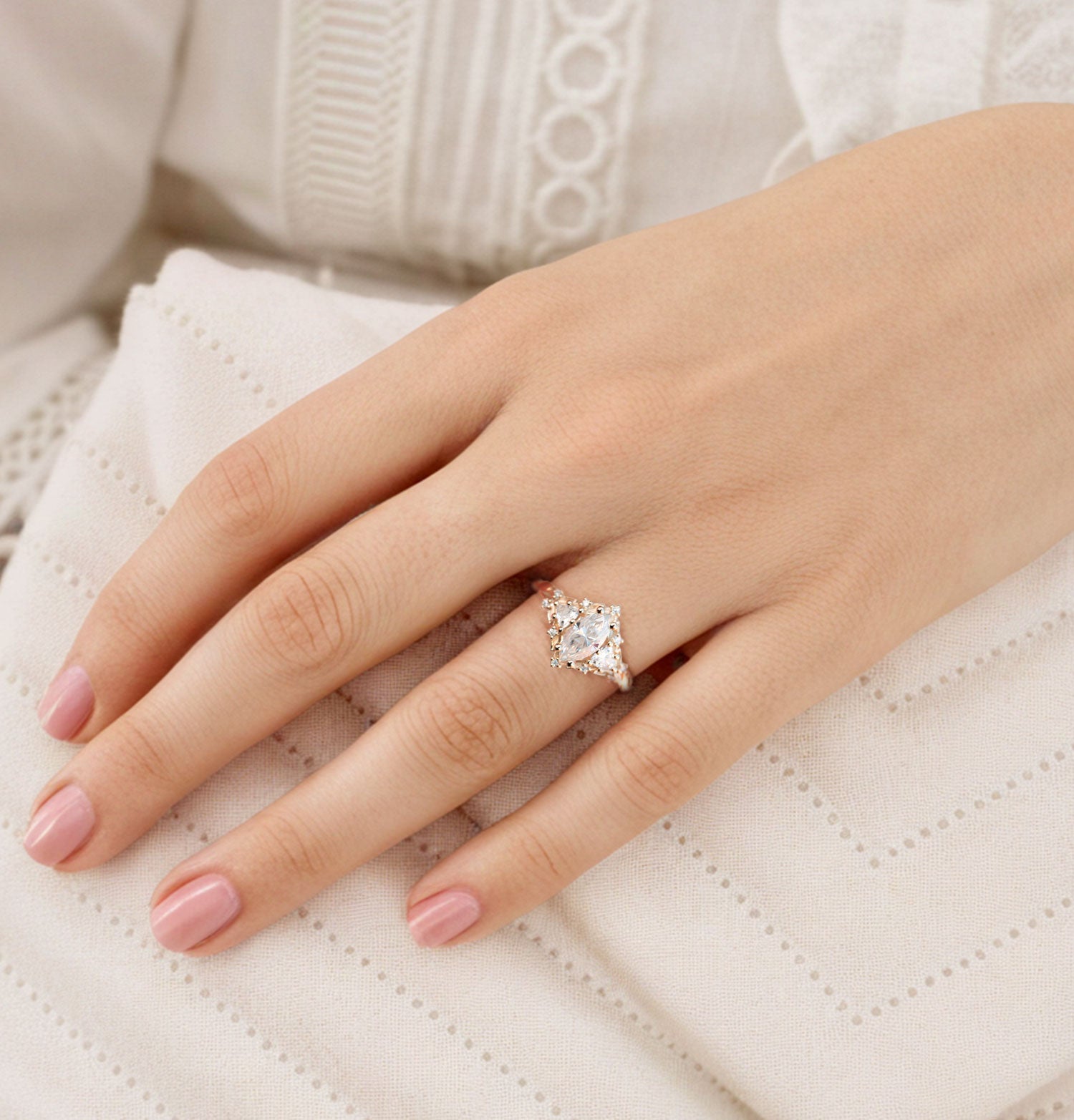 Unique Briar Rose Three Stone Marquise Moissanite 18K Yellow Gold Ring