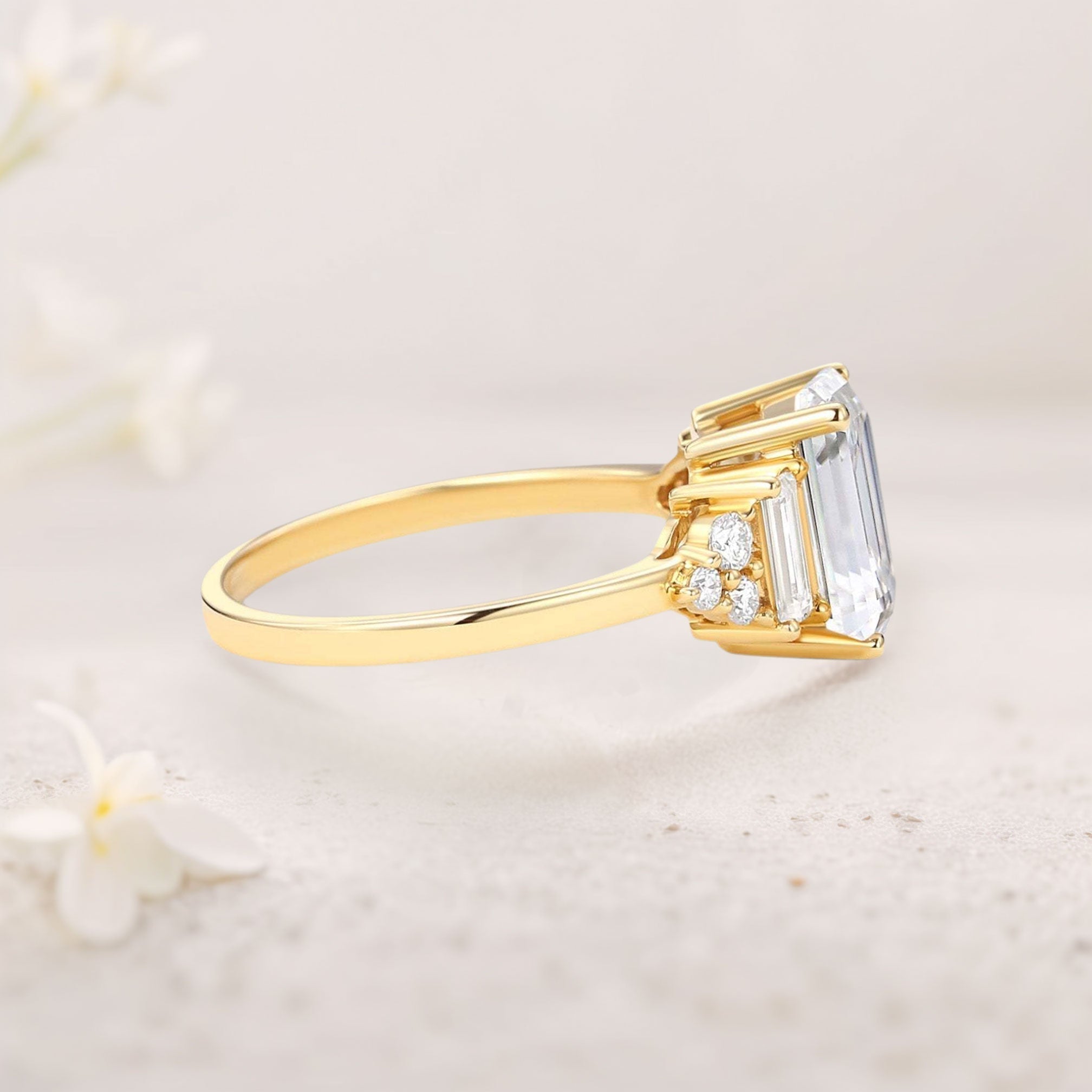 Unique Floral Three stone Emerald Cut Moissanite 18K Yellow Gold Engagement Ring