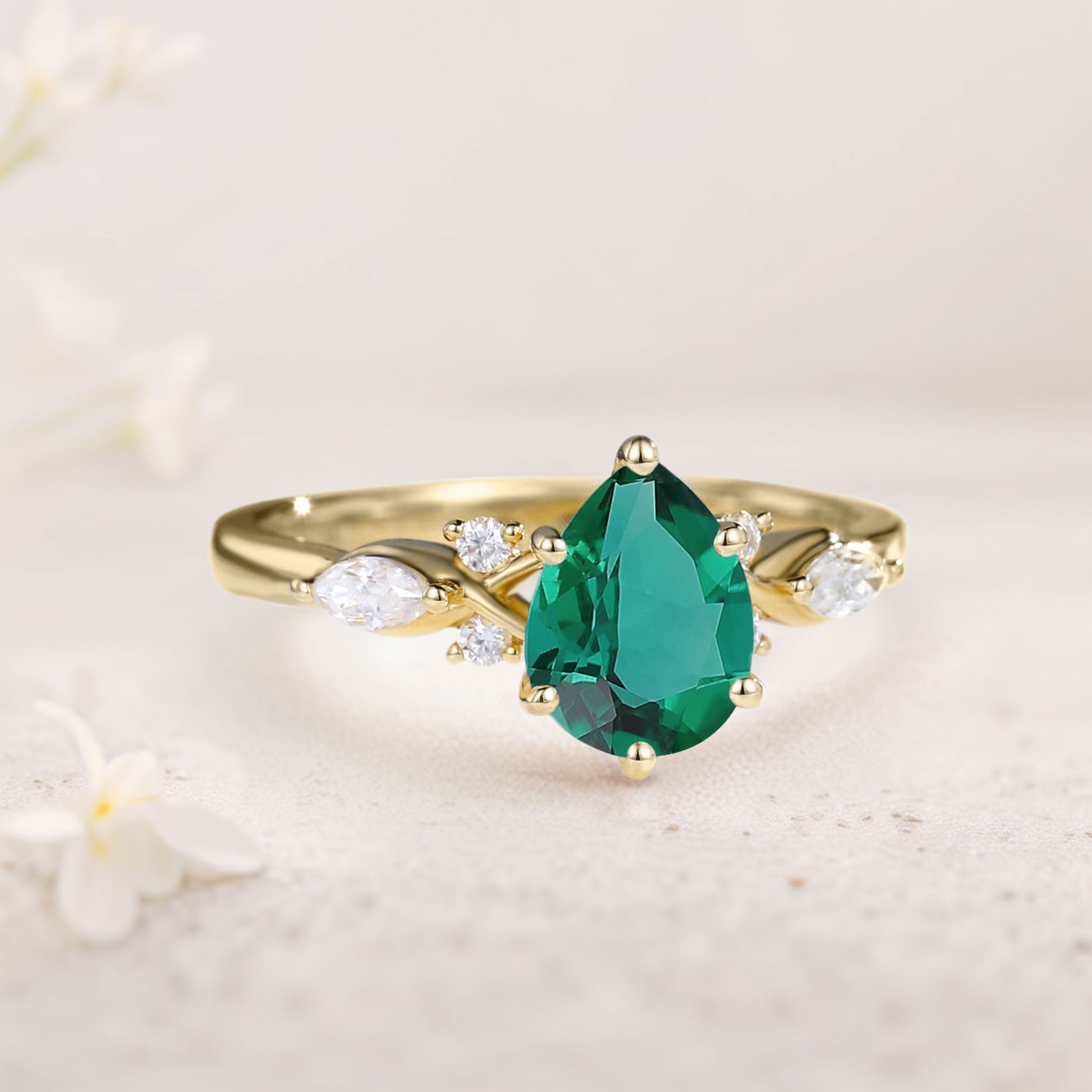 Unique Pear Lab Emerald Split Shank 18K Yellow Gold Engagement Ring
