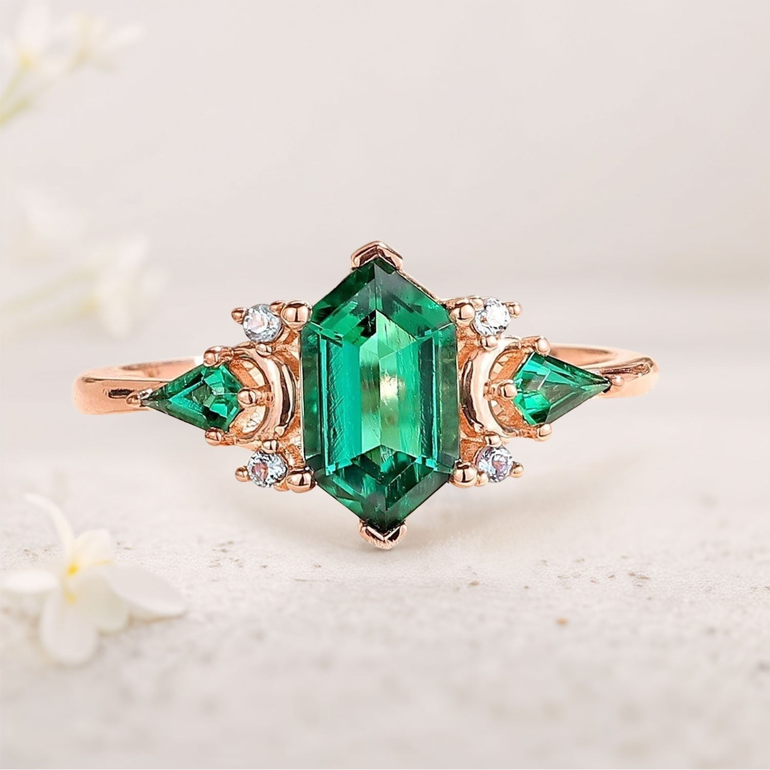 Vintage Hexagon Cut Lab Emerald Engagement Ring Unique Kite Cut Moon Design 18K Yellow Gold Promise Ring Gift for Women