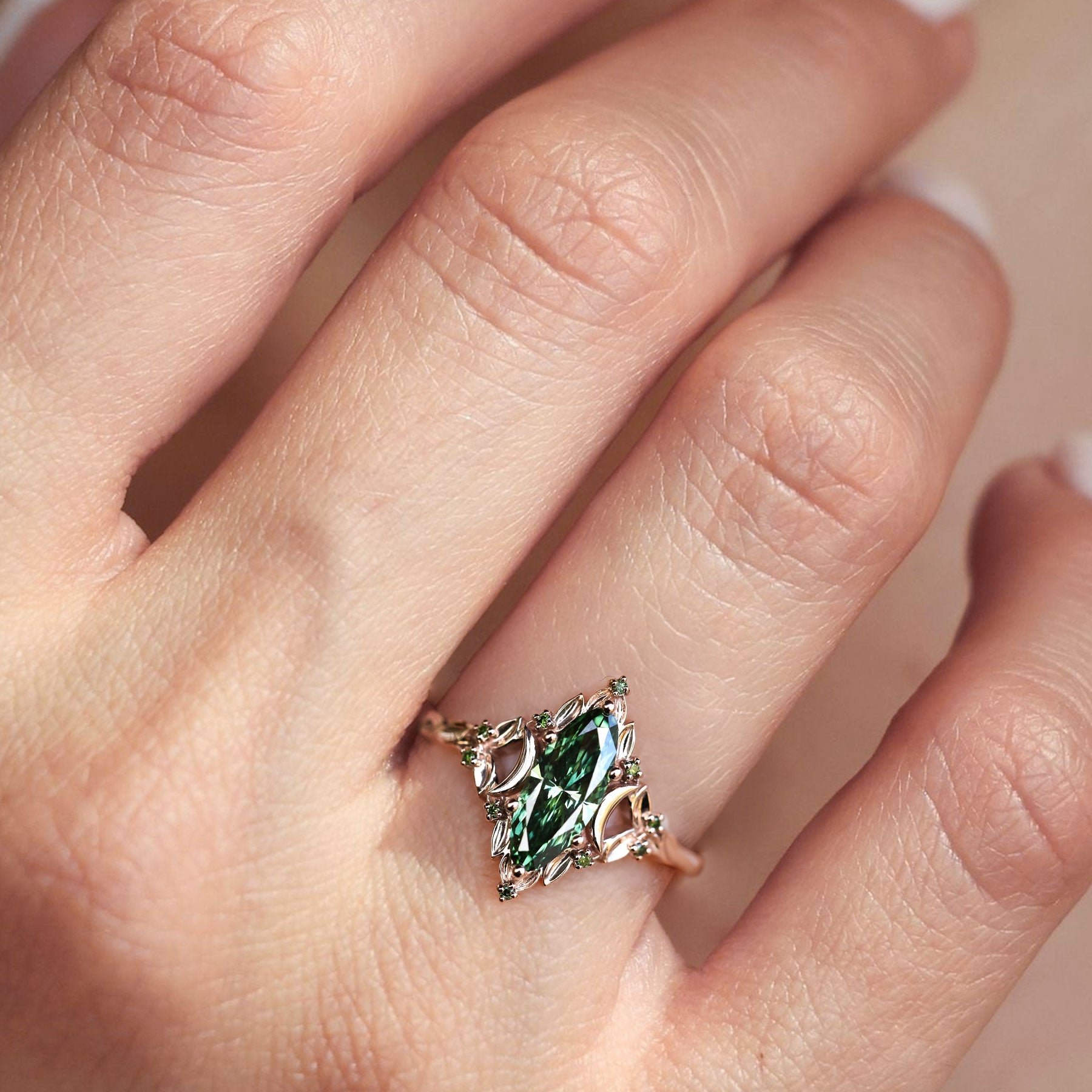 Unique Briar Moon Marquise Lab Emerald Engagement Ring - Oore Jewelry