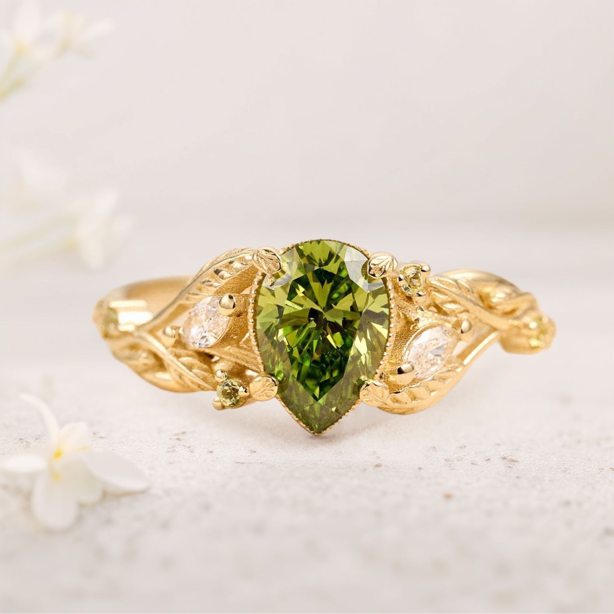 Unique floral engagement rings Green Moissanite 18K Yellow Gold Engagement Ring with Leaves Ring