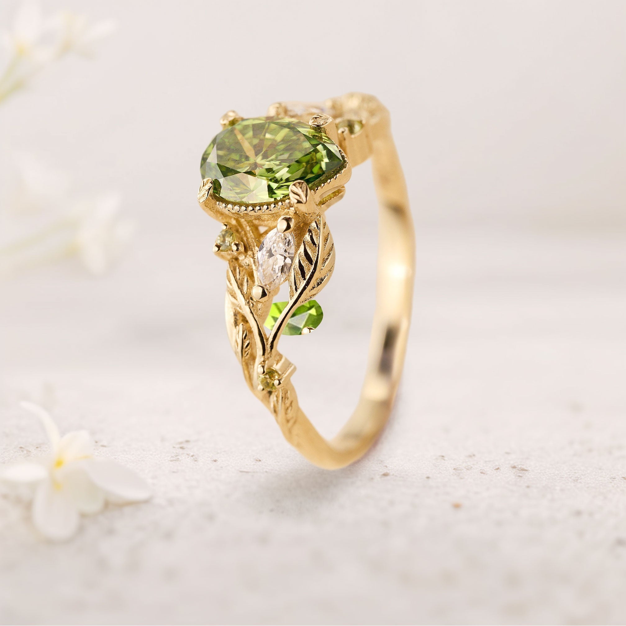 Unique floral engagement rings pear Green Moissanite 18K Yellow Gold Engagement Ring with Leaves Ring