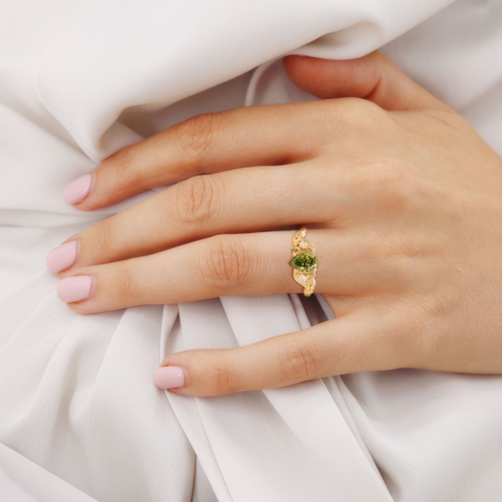 Unique floral engagement rings Green Moissanite 18K Yellow Gold Engagement Ring with Leaves Ring