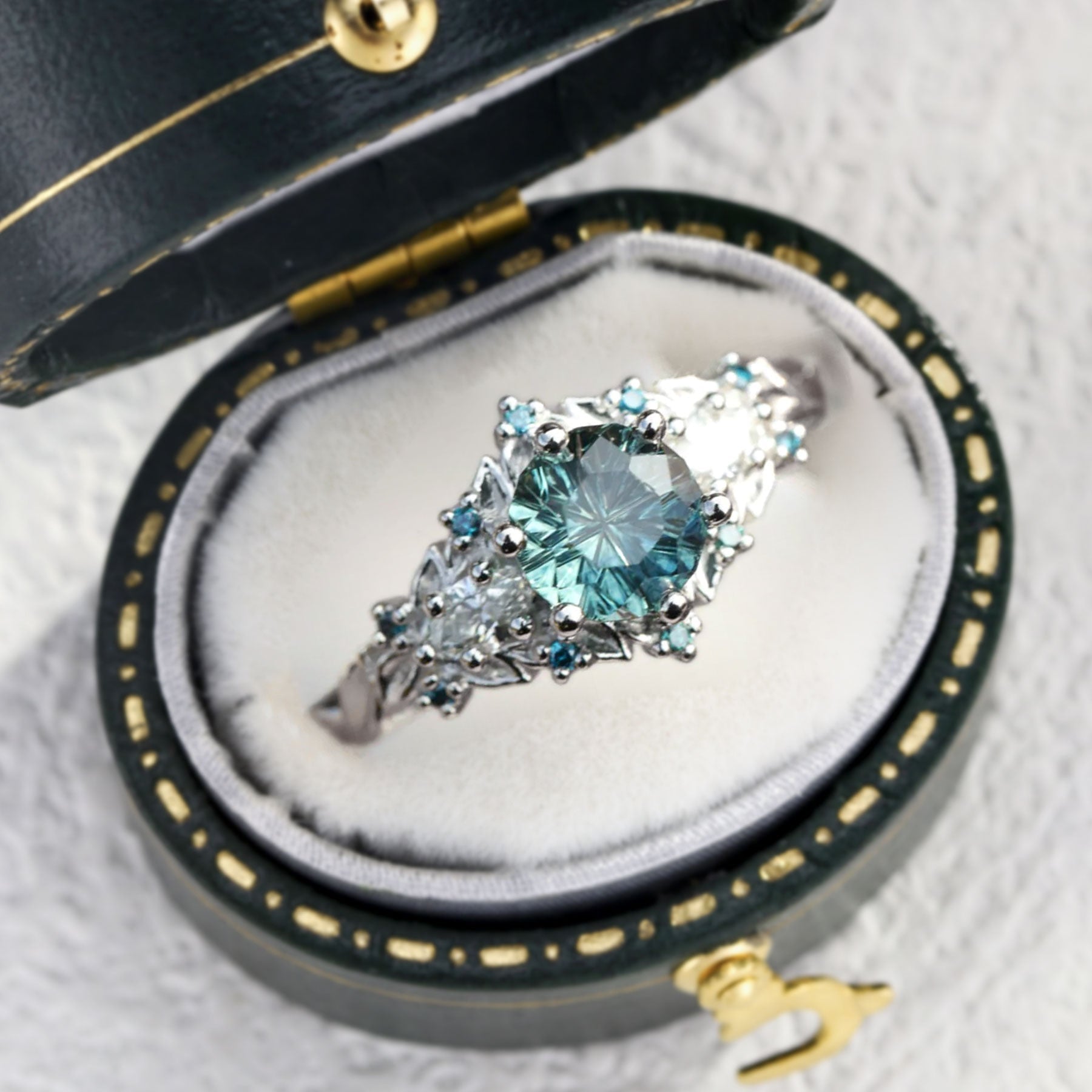 Unique Briar Rose Starlight Round Green Lab Sapphire 10k white gold Engagement Ring