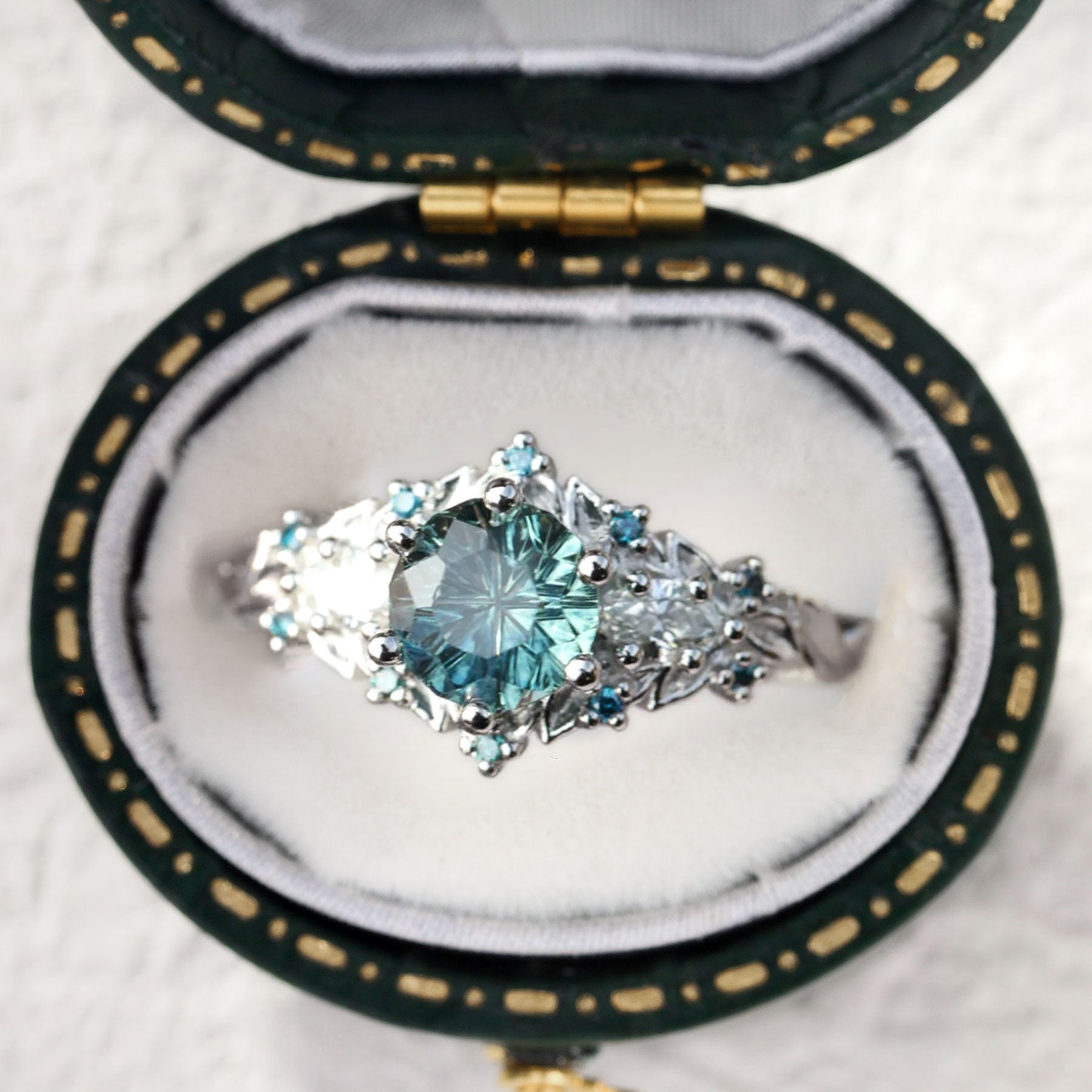 Unique Briar Rose Starlight Round Green Lab Sapphire 10k white gold Engagement Ring