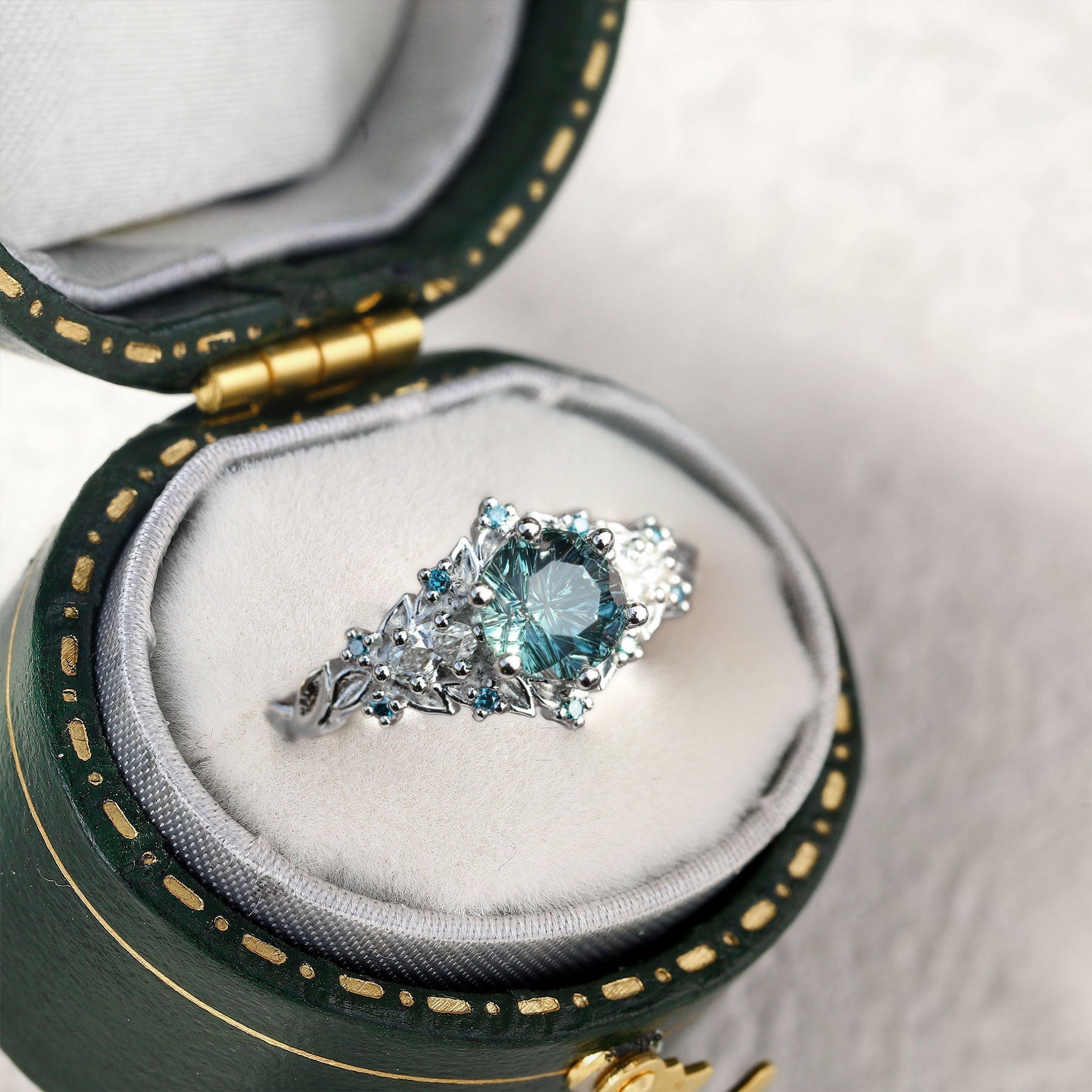 Unique Briar Rose Starlight Round Green Lab Sapphire 10k white gold Engagement Ring