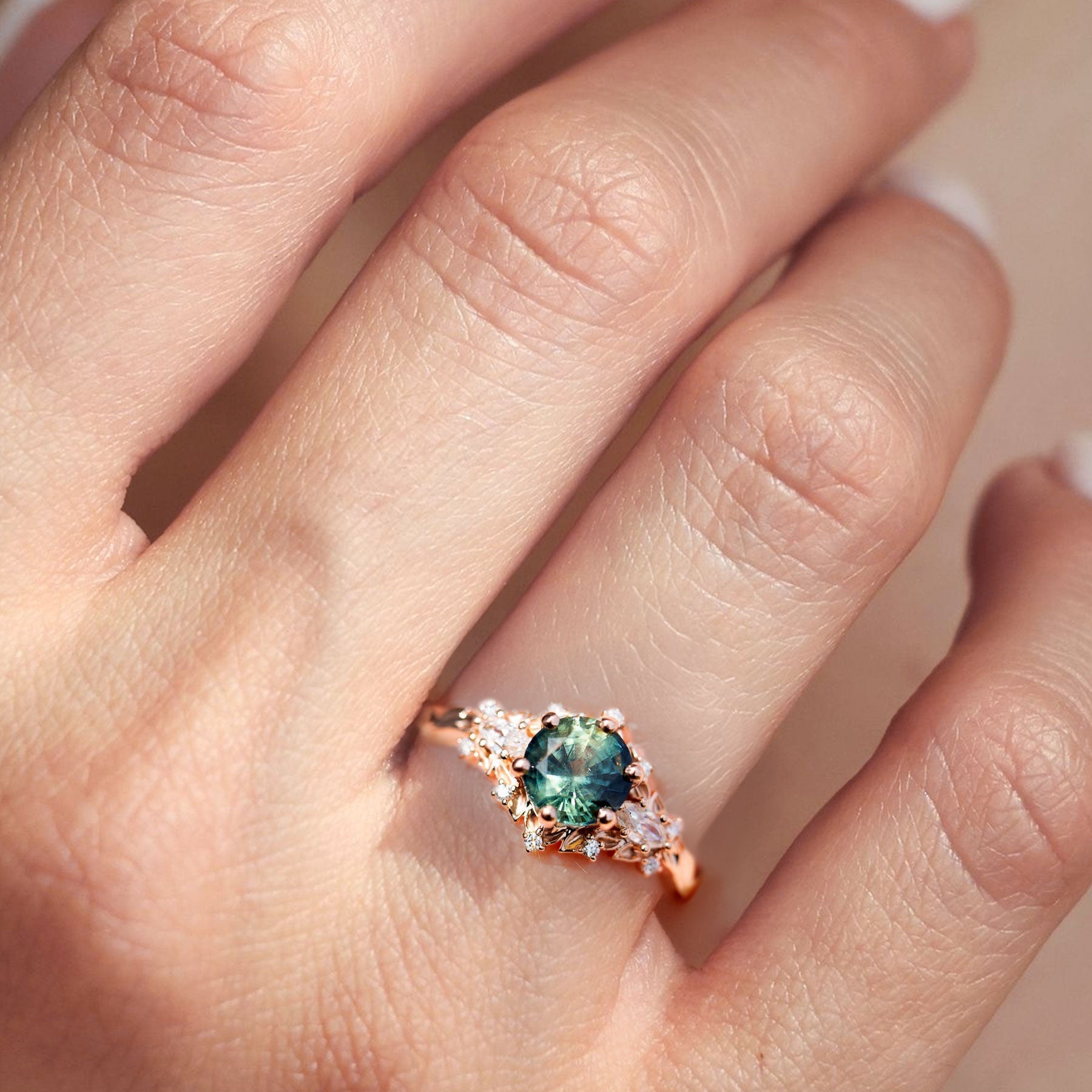 Unique Briar Rose Starlight Round Green Lab Sapphire 10k white gold Engagement Ring