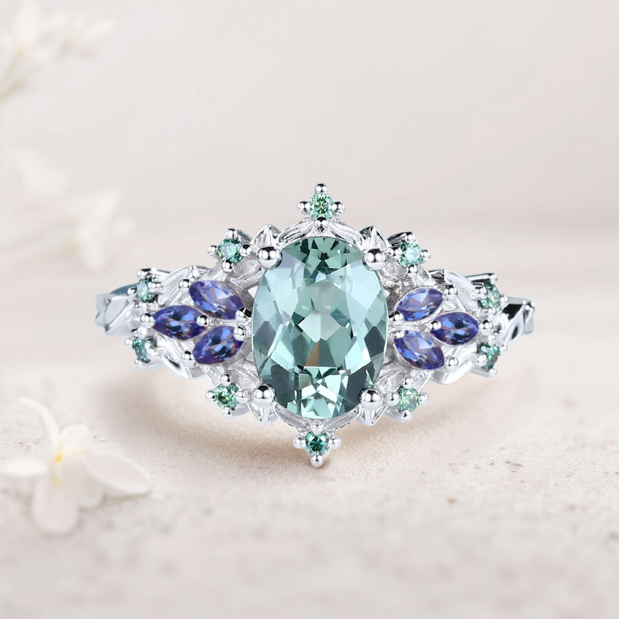 Unique Starlight Oval Green Lab Sapphire and Blue Sapphire 18K Rose Gold Engagement Ring