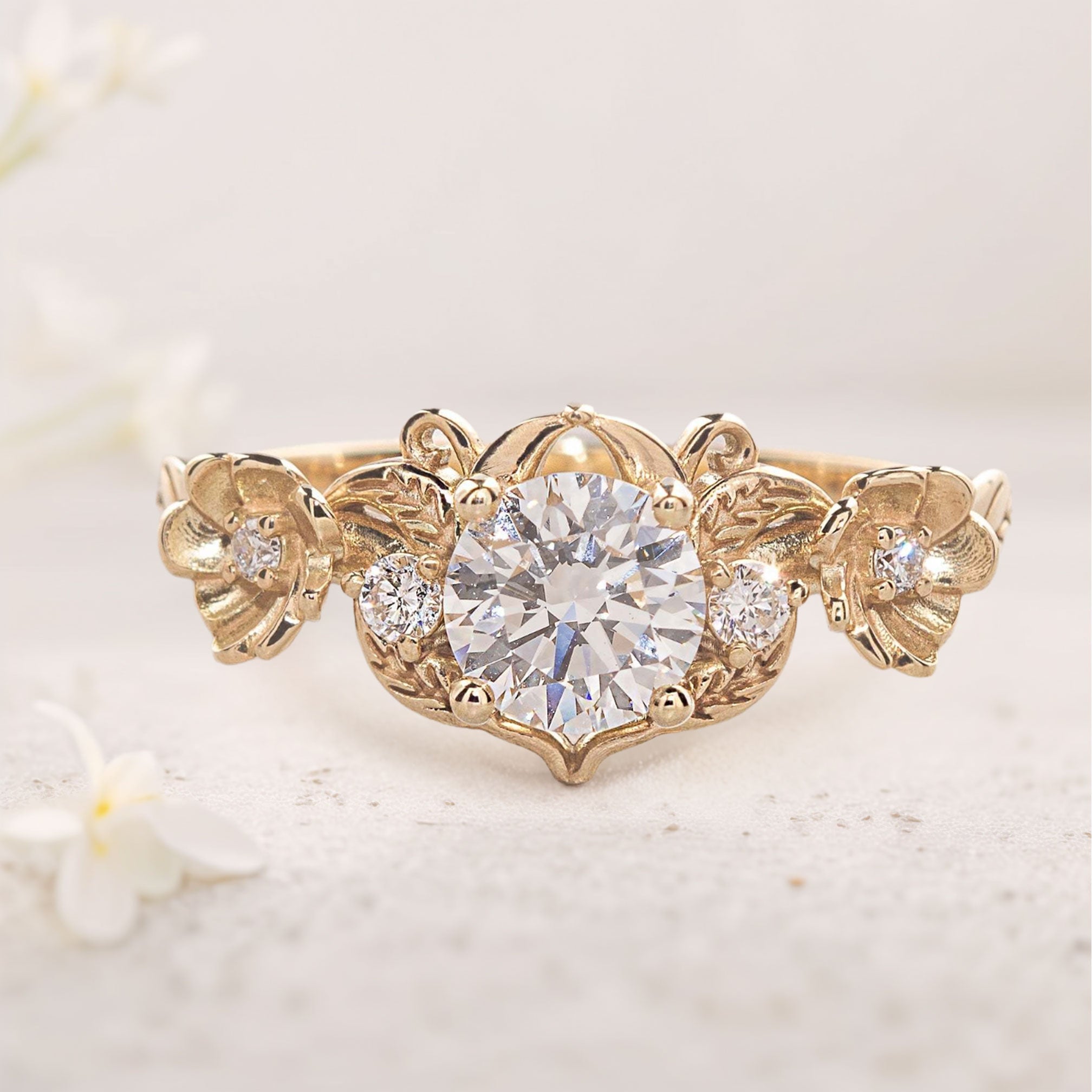 Unique flower Round Moissanite 18K Yellow Gold Engagement Ring