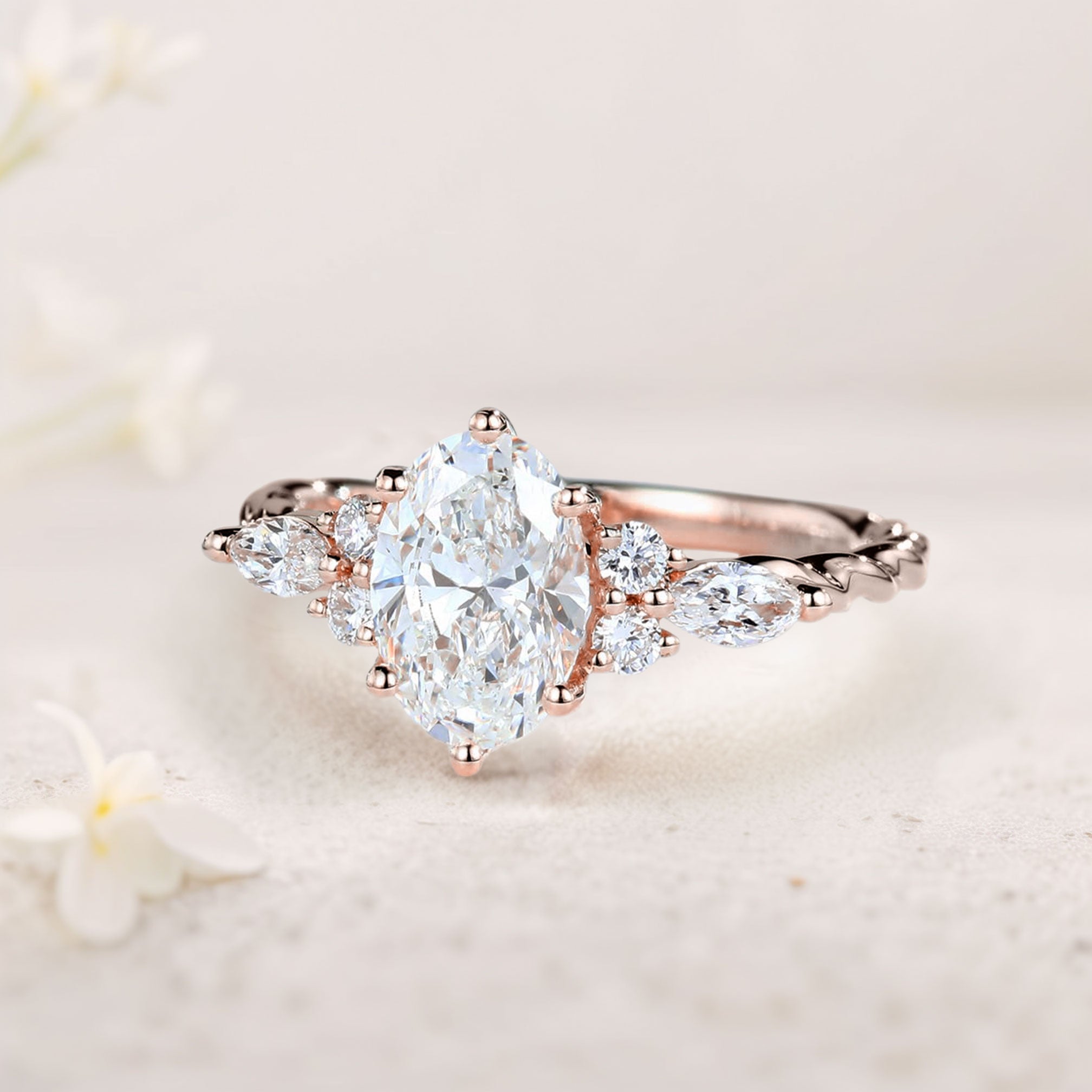 Unique Oval Moissanite 18K Rose Gold Engagement Ring Twisted Bridal Ring