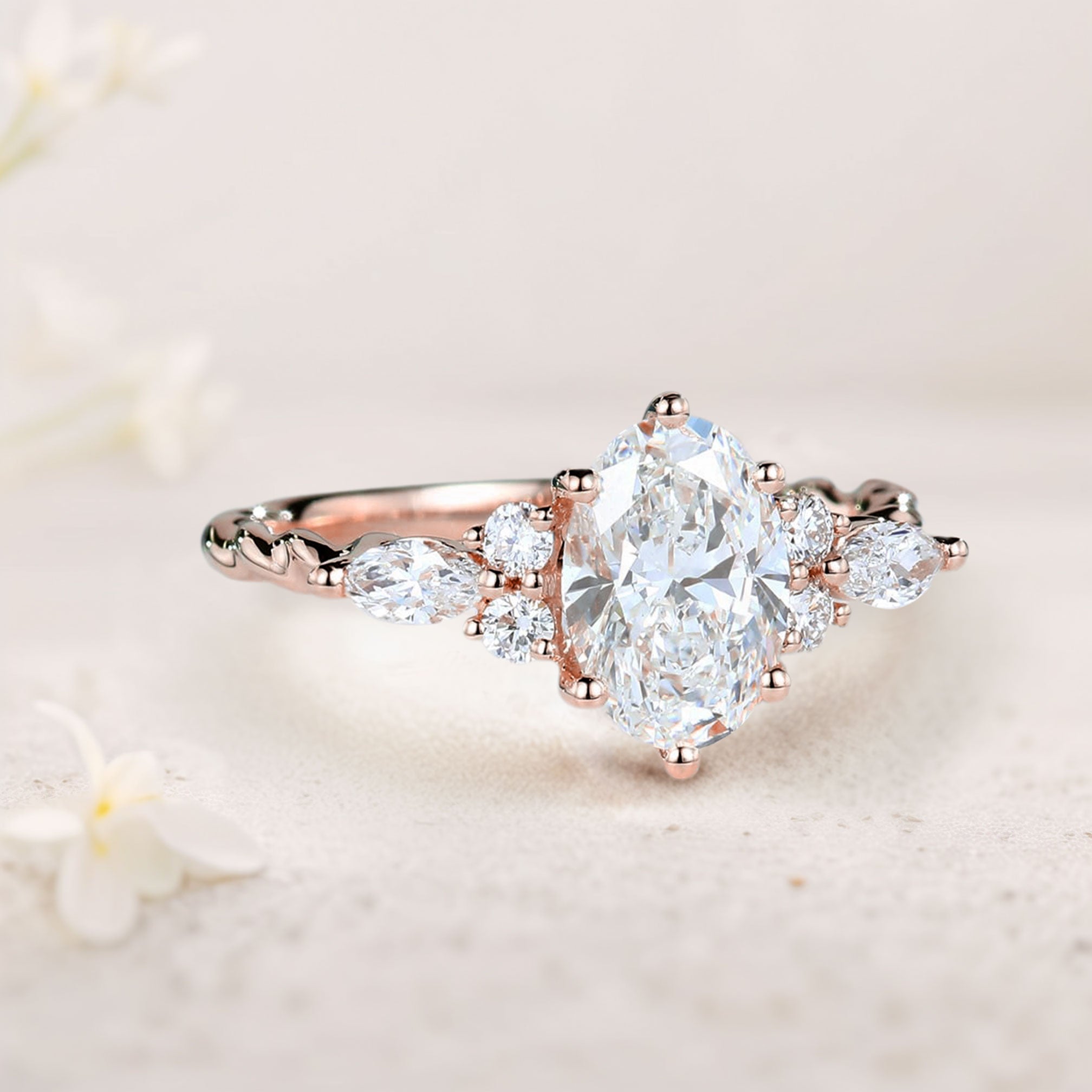 Unique Oval Moissanite 18K Rose Gold Engagement Ring Twisted Bridal Ring