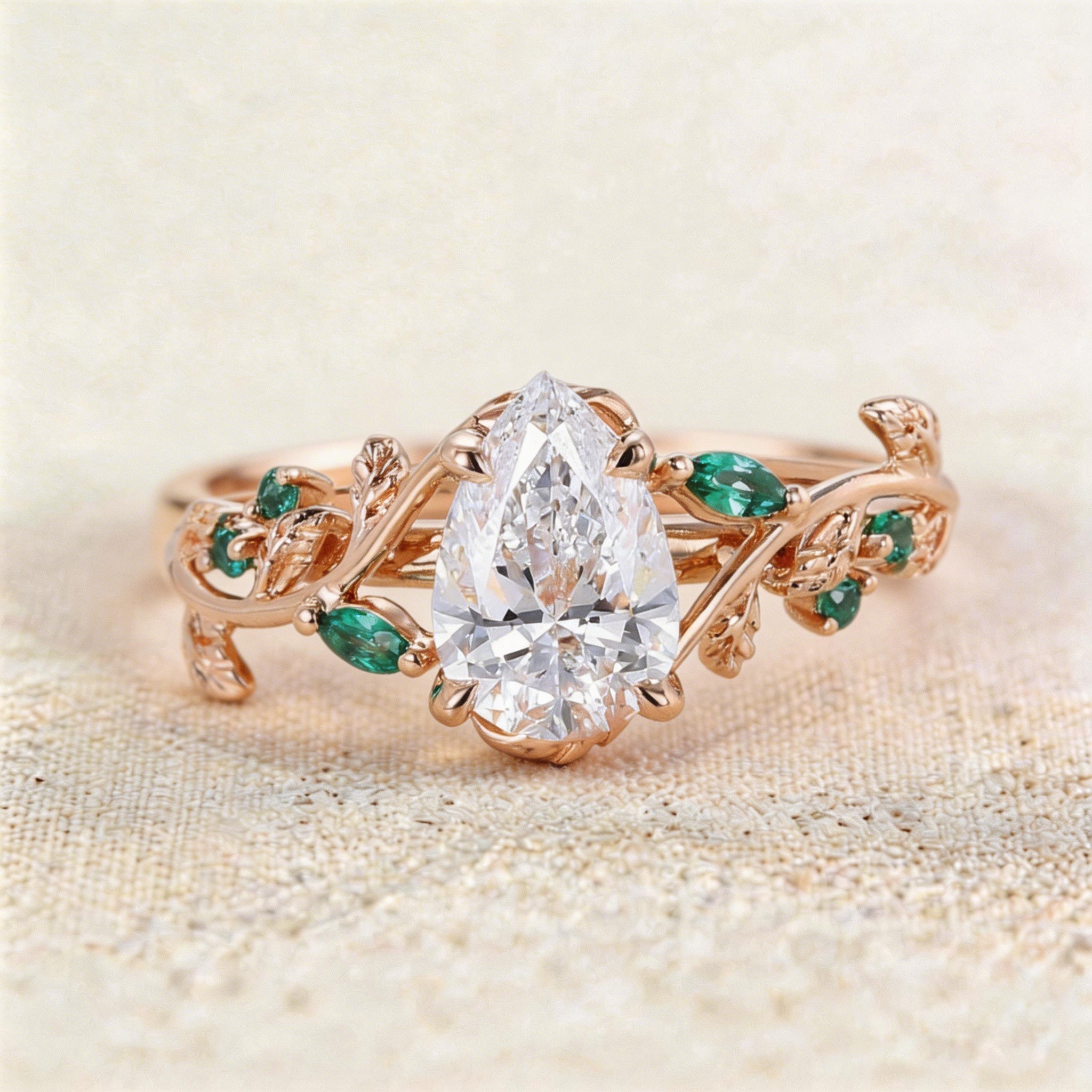 Unique floral engagement rings Pear Moissanite and Emerald Engagement Ring - Oore Jewelry