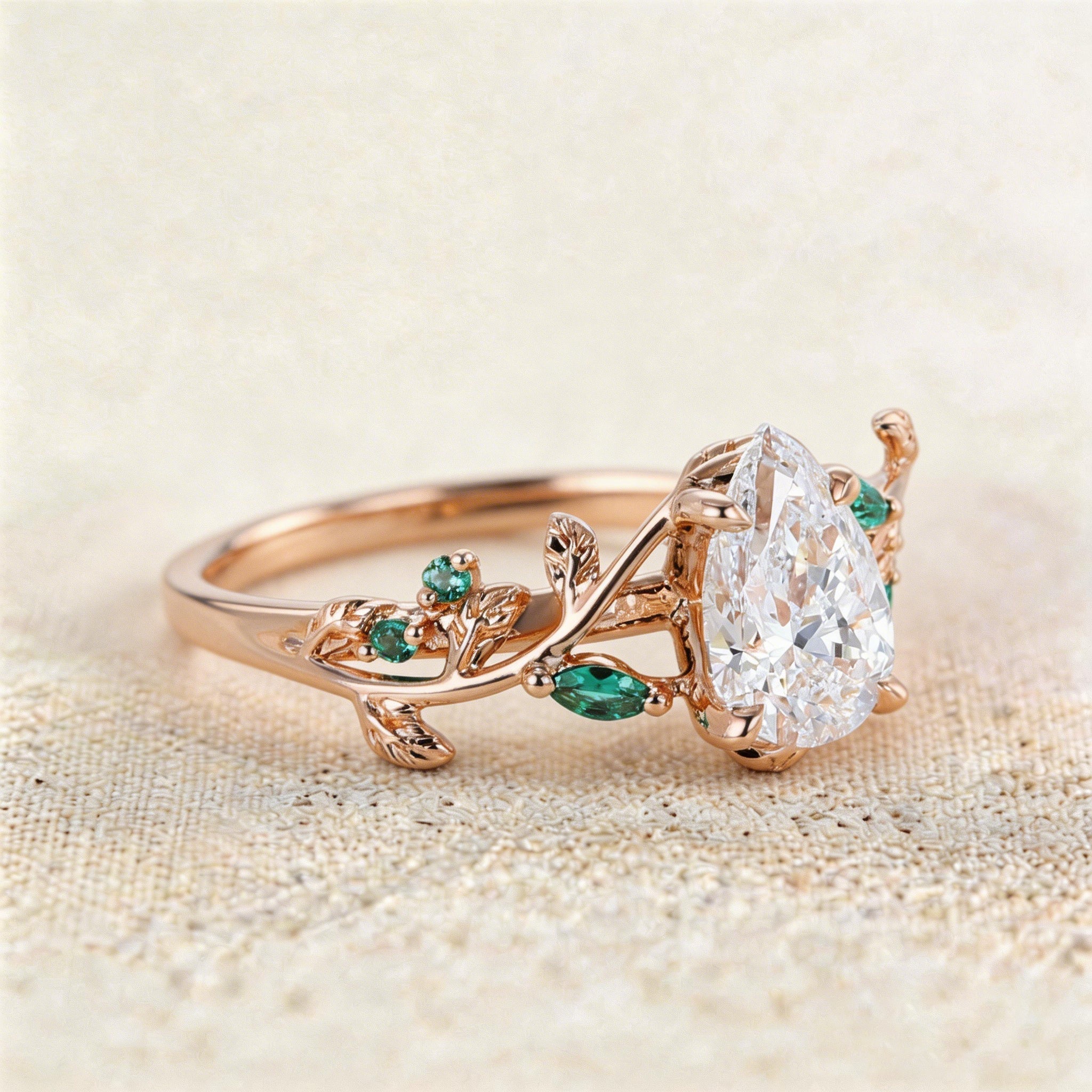 Unique floral engagement rings Pear Moissanite and Emerald Engagement Ring - Oore Jewelry