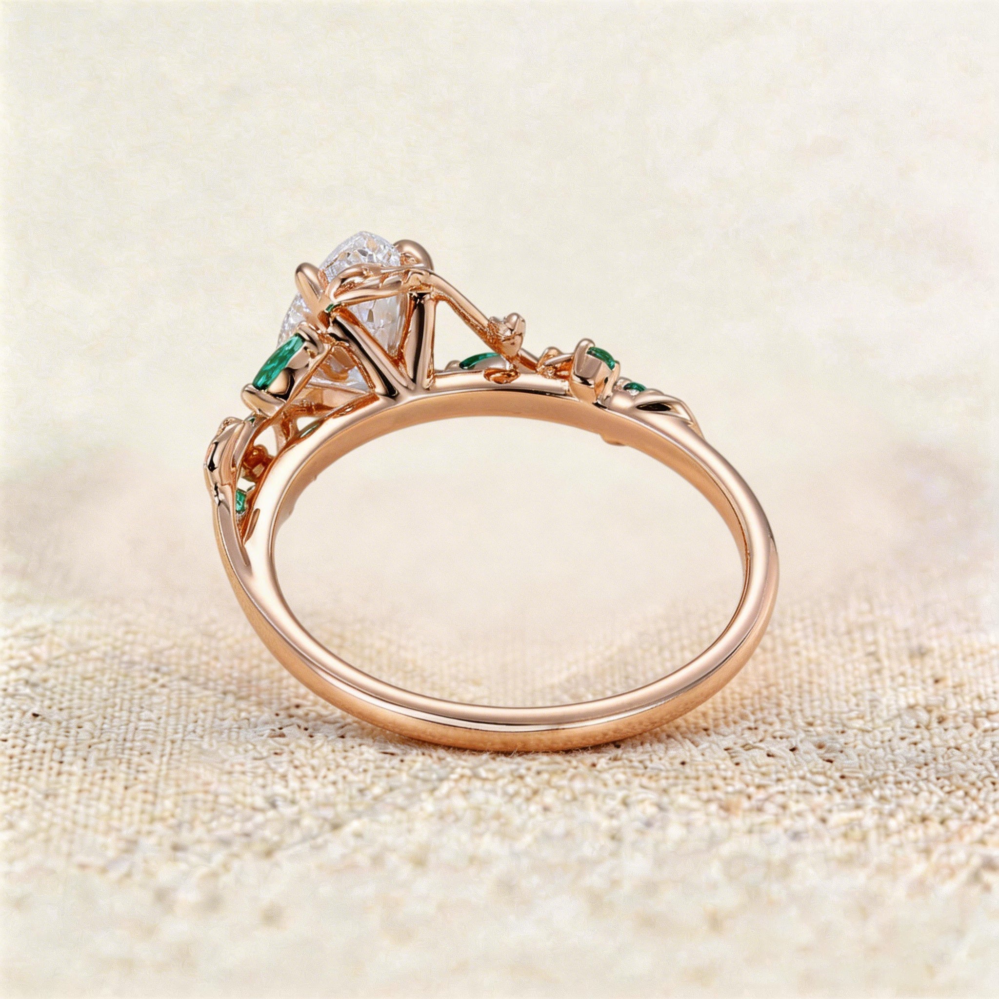 Unique floral engagement rings Pear Moissanite and Emerald Engagement Ring - Oore Jewelry