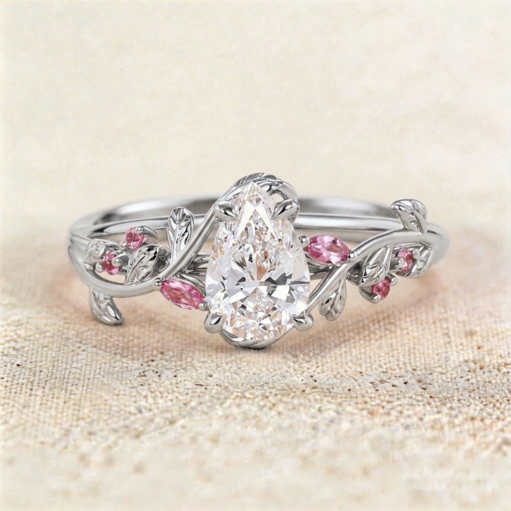 Unique floral engagement rings Pear Moissanite and Emerald Engagement Ring - Oore Jewelry