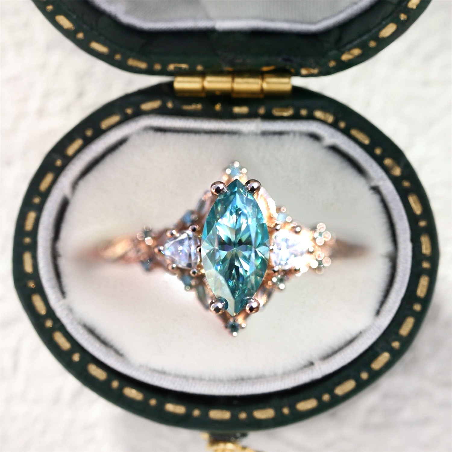 Unique floral engagement rings Marquise Teal Moissanite Ring Wedding Ring - Oore Jewelry