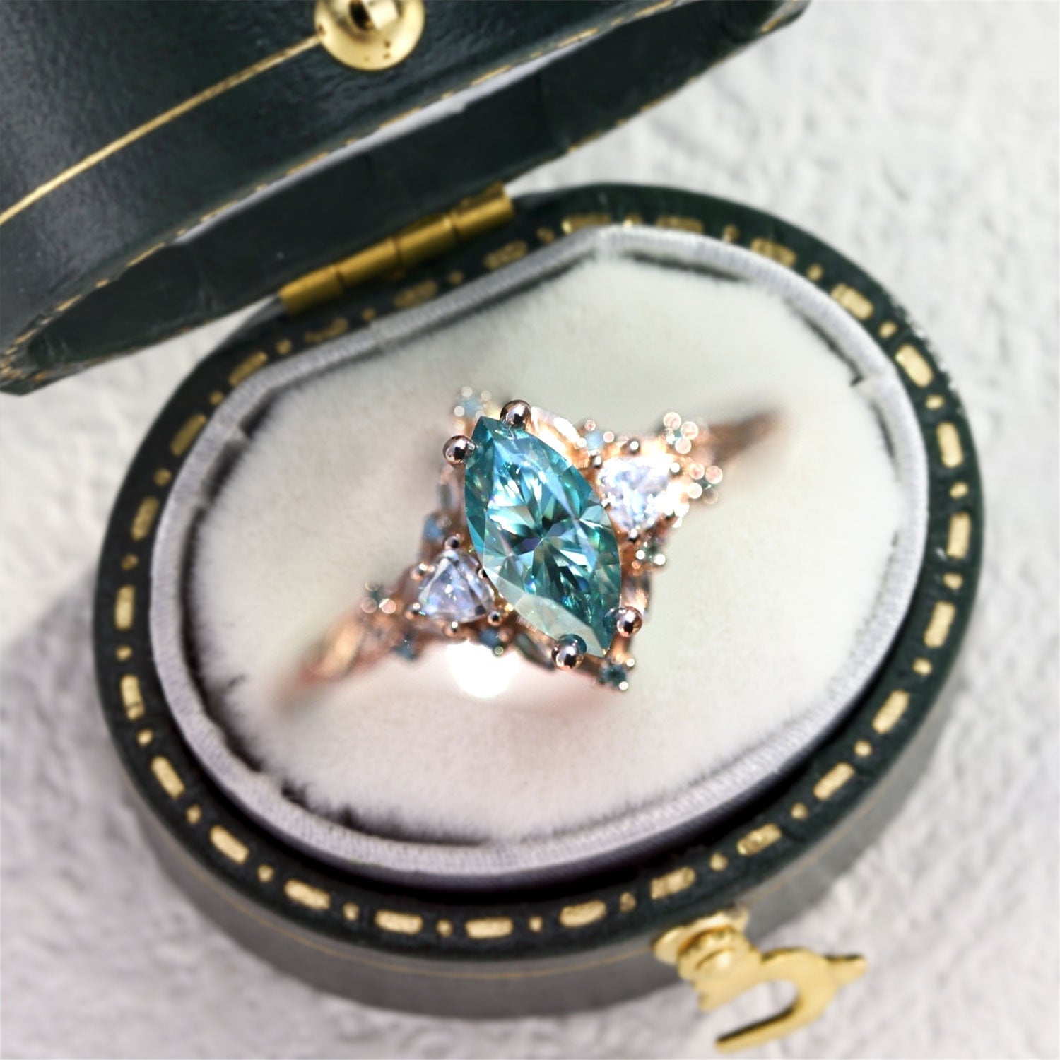 Unique floral engagement rings Marquise Teal Moissanite Ring Wedding Ring - Oore Jewelry
