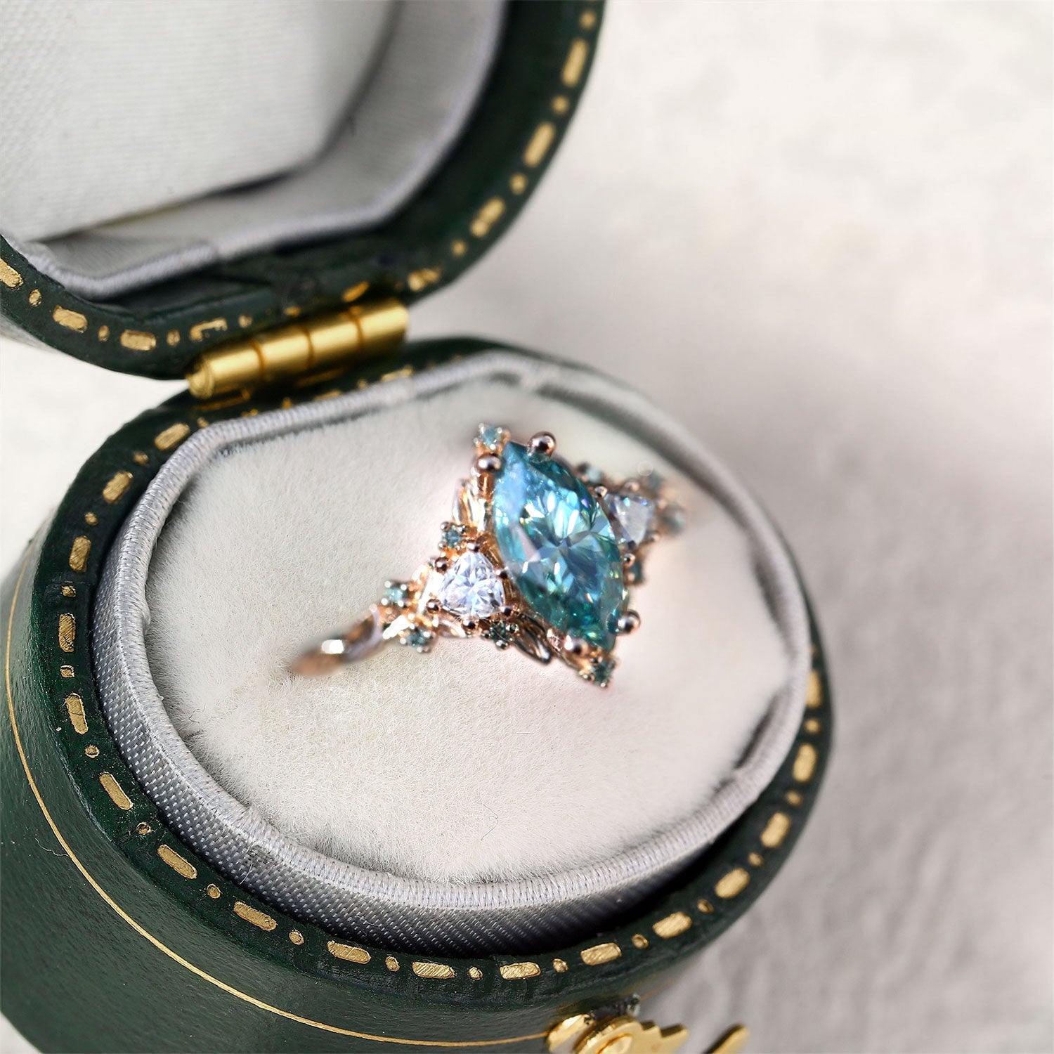 Unique floral engagement rings Marquise Teal Moissanite Ring Wedding Ring - Oore Jewelry