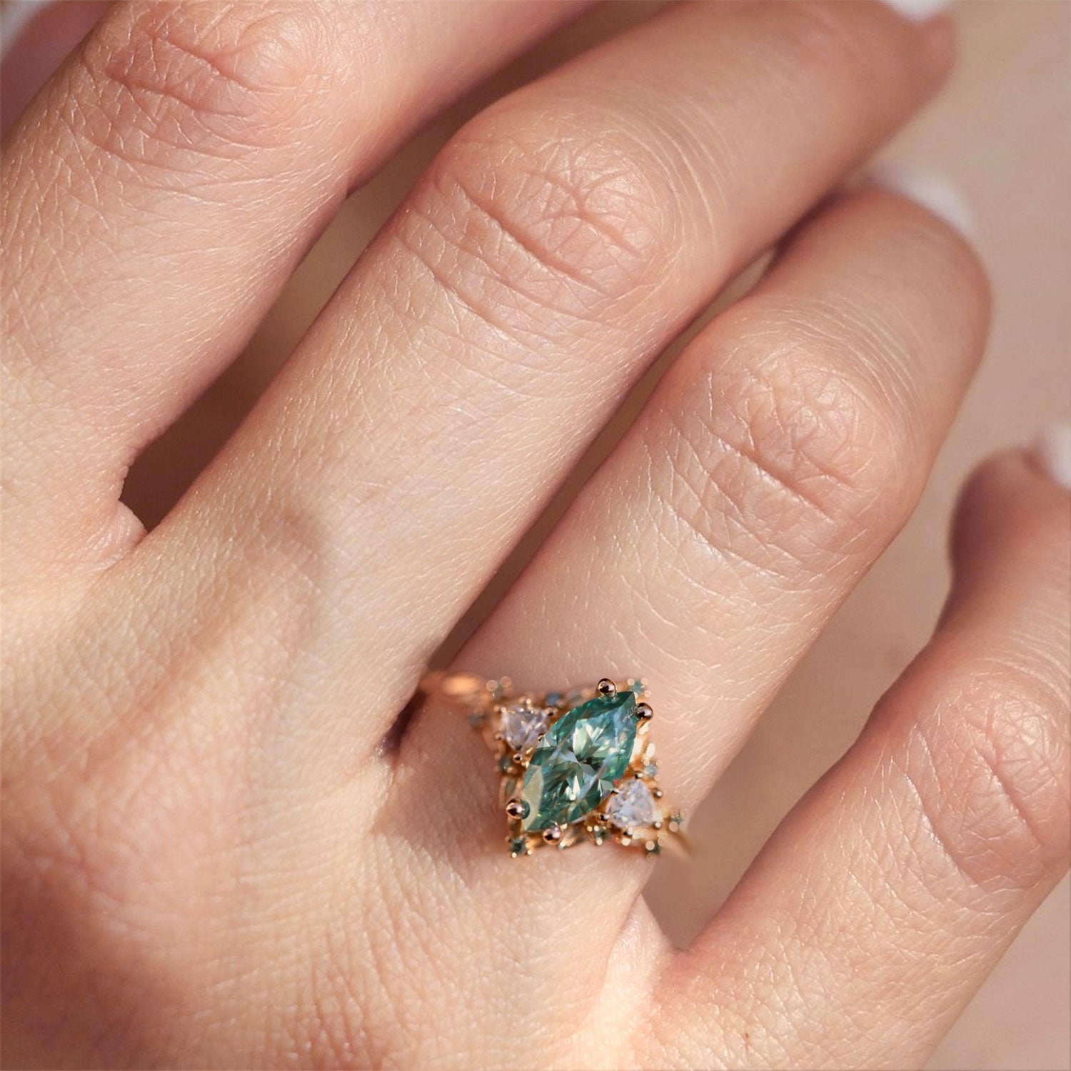Unique floral engagement rings Marquise Teal Moissanite Ring Wedding Ring - Oore Jewelry