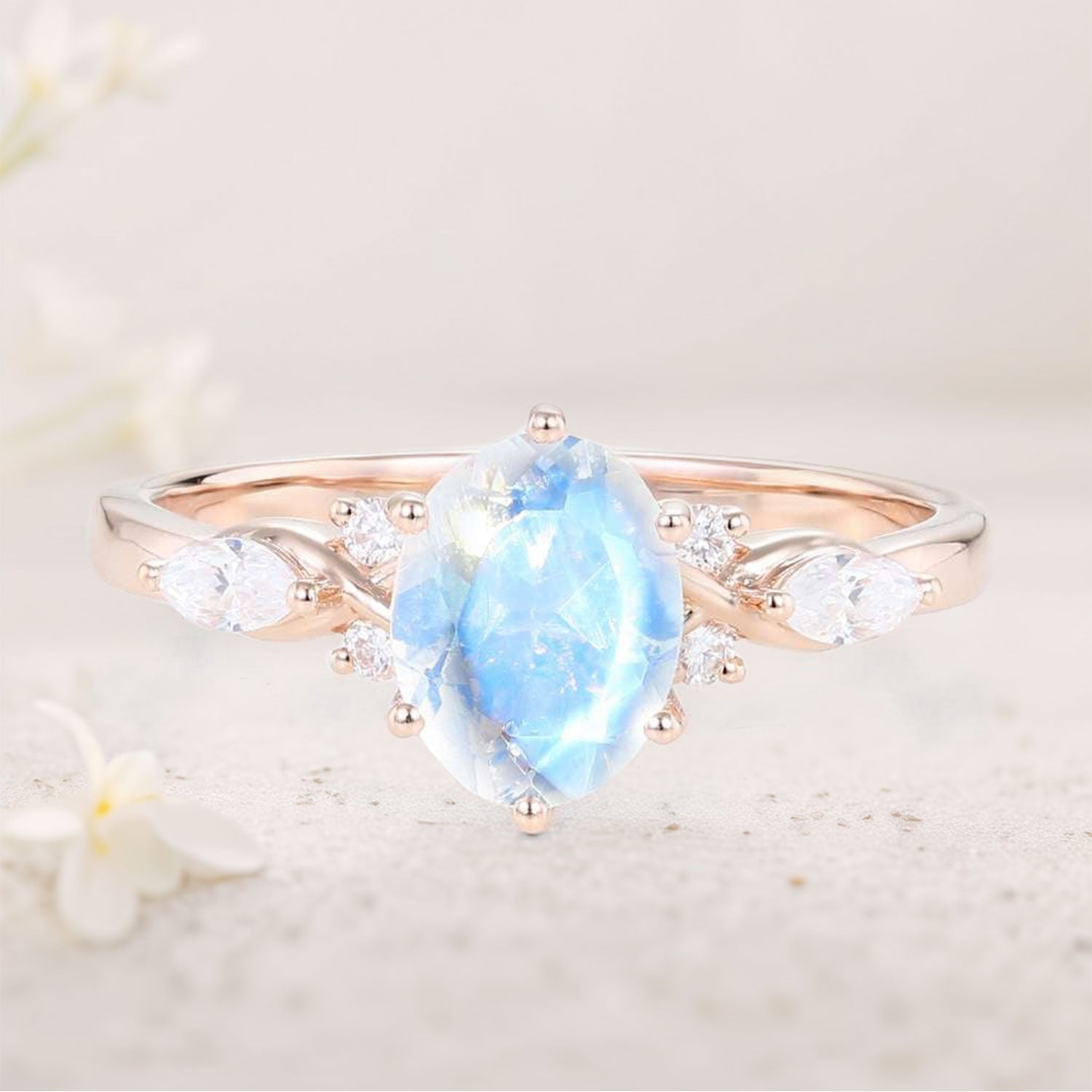 Vintage Oval Lab Moonstone Ring Vintage 18K Rose Gold Engagement Rings Anniversary Gift