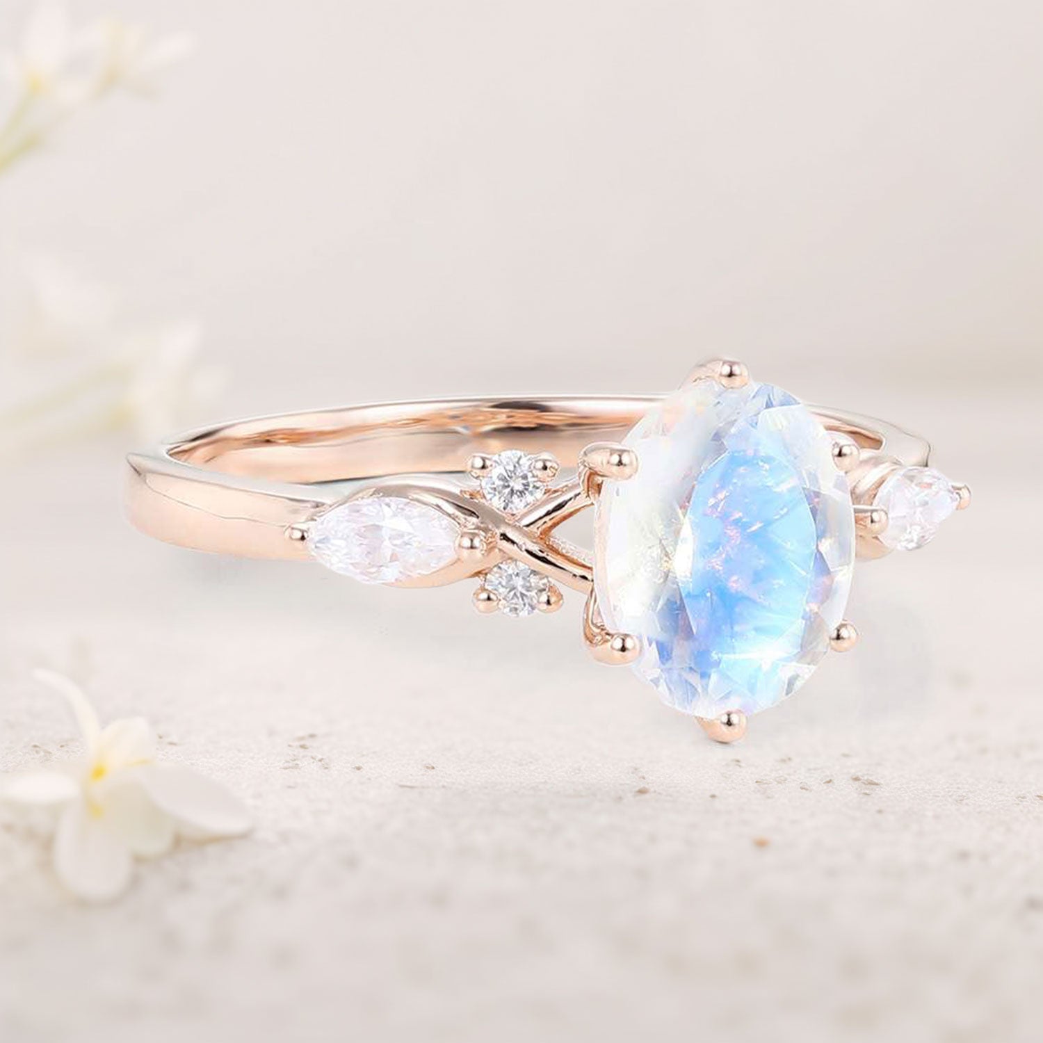 Vintage Oval Lab Moonstone Ring Vintage 18K Rose Gold Engagement Rings Anniversary Gift