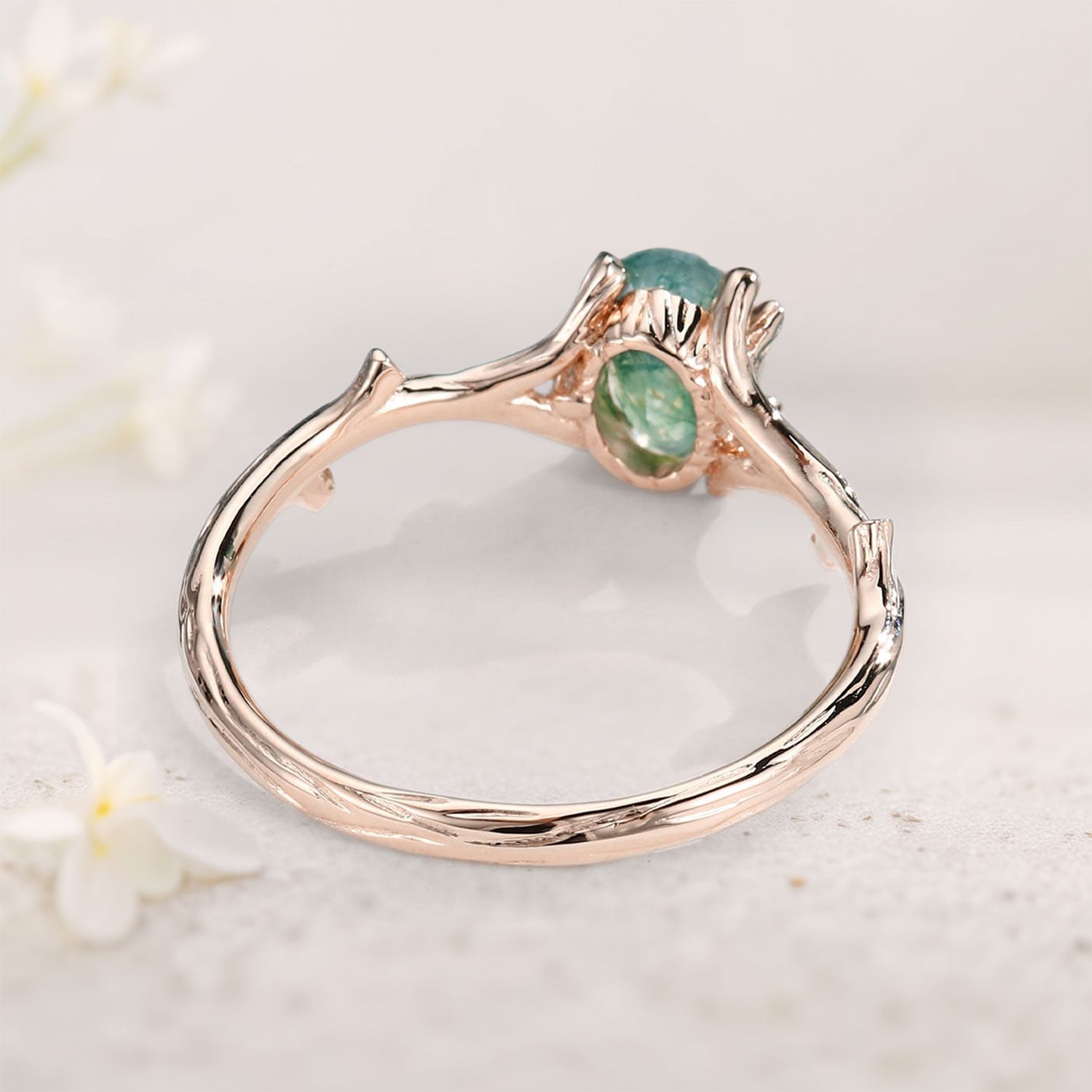 Unique Oval Moss Agate Engagement Ring Solitaire Branch Shape 18K Rose Gold Engagement Ring Promise Ring