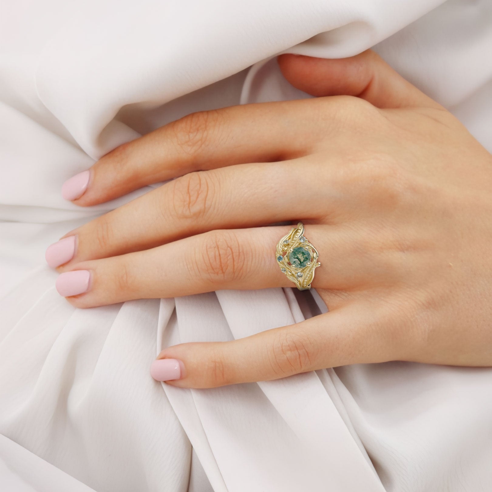 Unique Round Moss Agate With leaves 18K Yellow Gold Wedding Ring Set