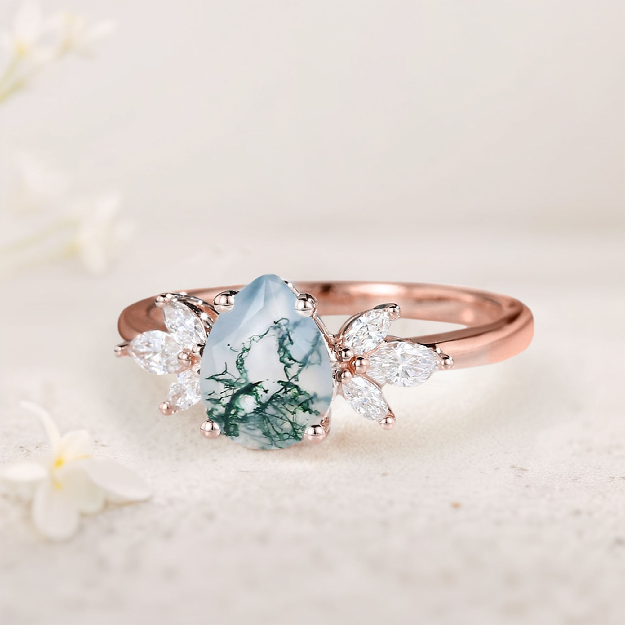 Unique Pear Moss Agate 18K Rose Gold Engagement Ring Simple Cluster Bridal Ring