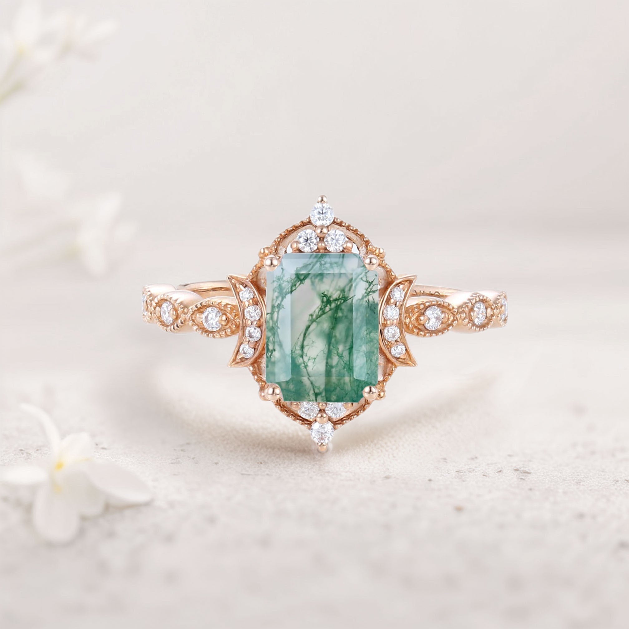Vintage Emerald cut Moss Agate 18K Yellow Gold Engagement Ring Whimsical Charm Bridal Ring