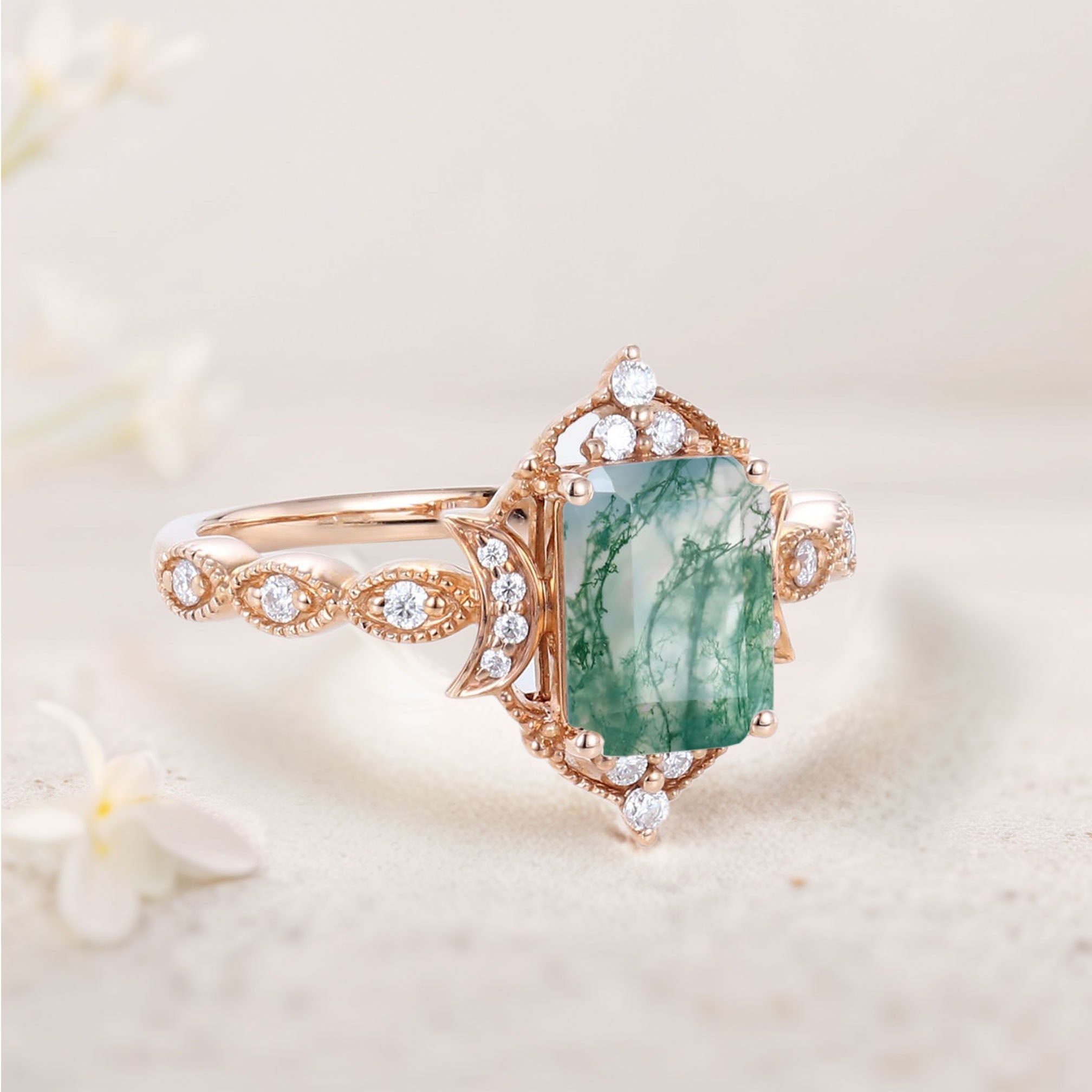 Vintage Emerald cut Moss Agate 18K Yellow Gold Engagement Ring Whimsical Charm Bridal Ring
