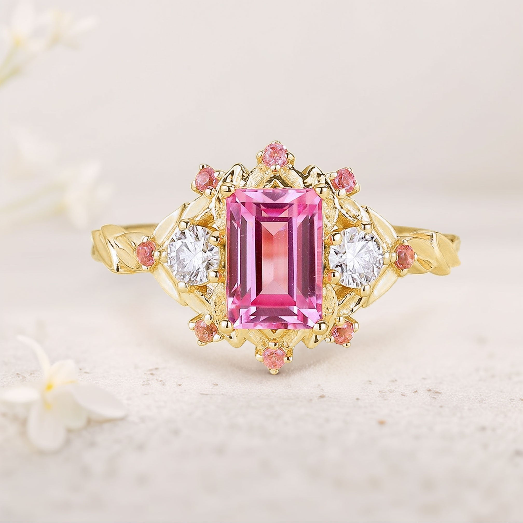 Unique floral engagement rings Emerald Cut Lab Padparadscha Engagement Ring Leaf Design Padparadscha 18K Yellow Gold Cluster Wedding Ring
