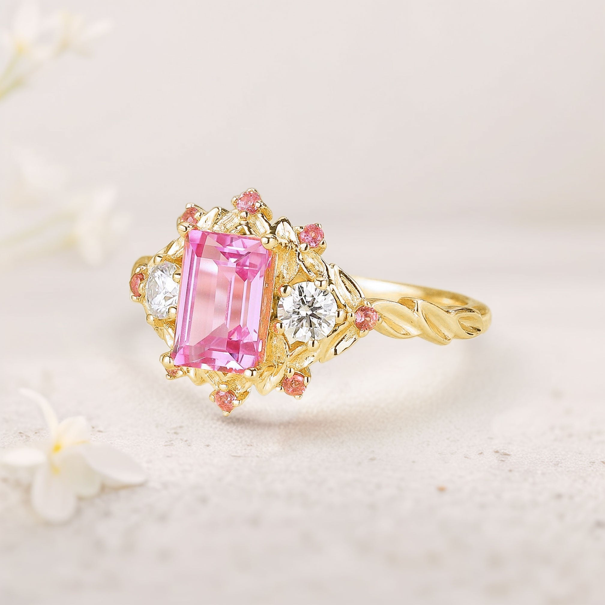 Unique Emerald Cut Lab Padparadscha Engagement Ring Leaf Design Padparadscha 18K Yellow Gold Cluster Wedding Ring