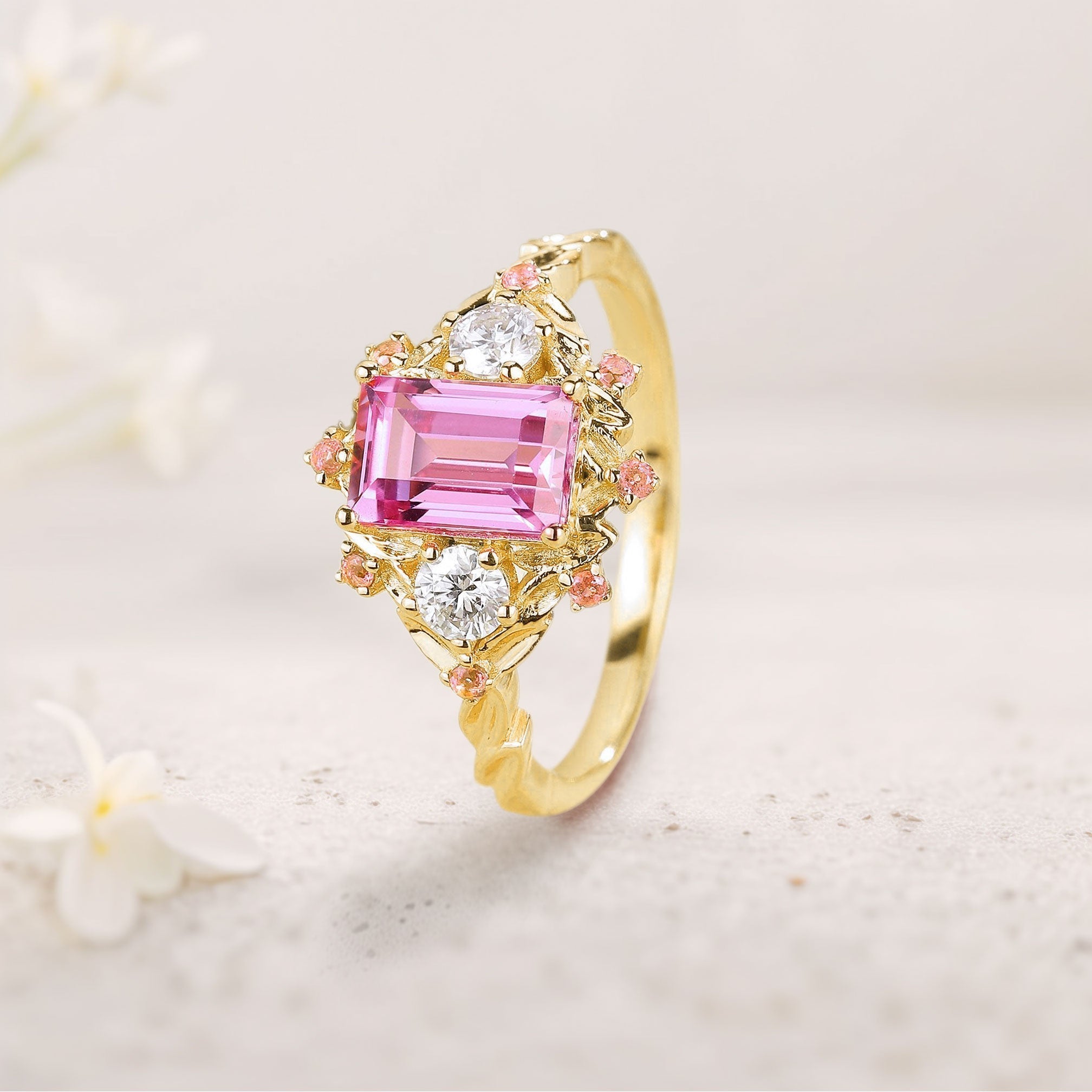 Unique Emerald Cut Lab Padparadscha Engagement Ring Leaf Design Padparadscha 18K Yellow Gold Cluster Wedding Ring