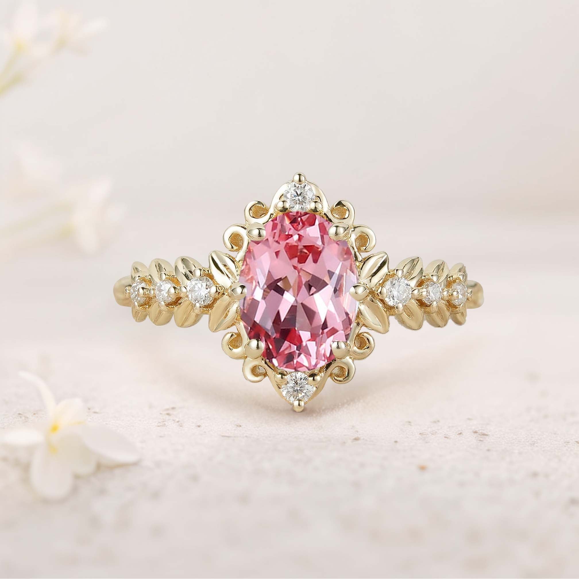 Unique Elegant Royal Oval Lab Padparadscha Filigree Leaf 18K Yellow Gold Engagement Ring
